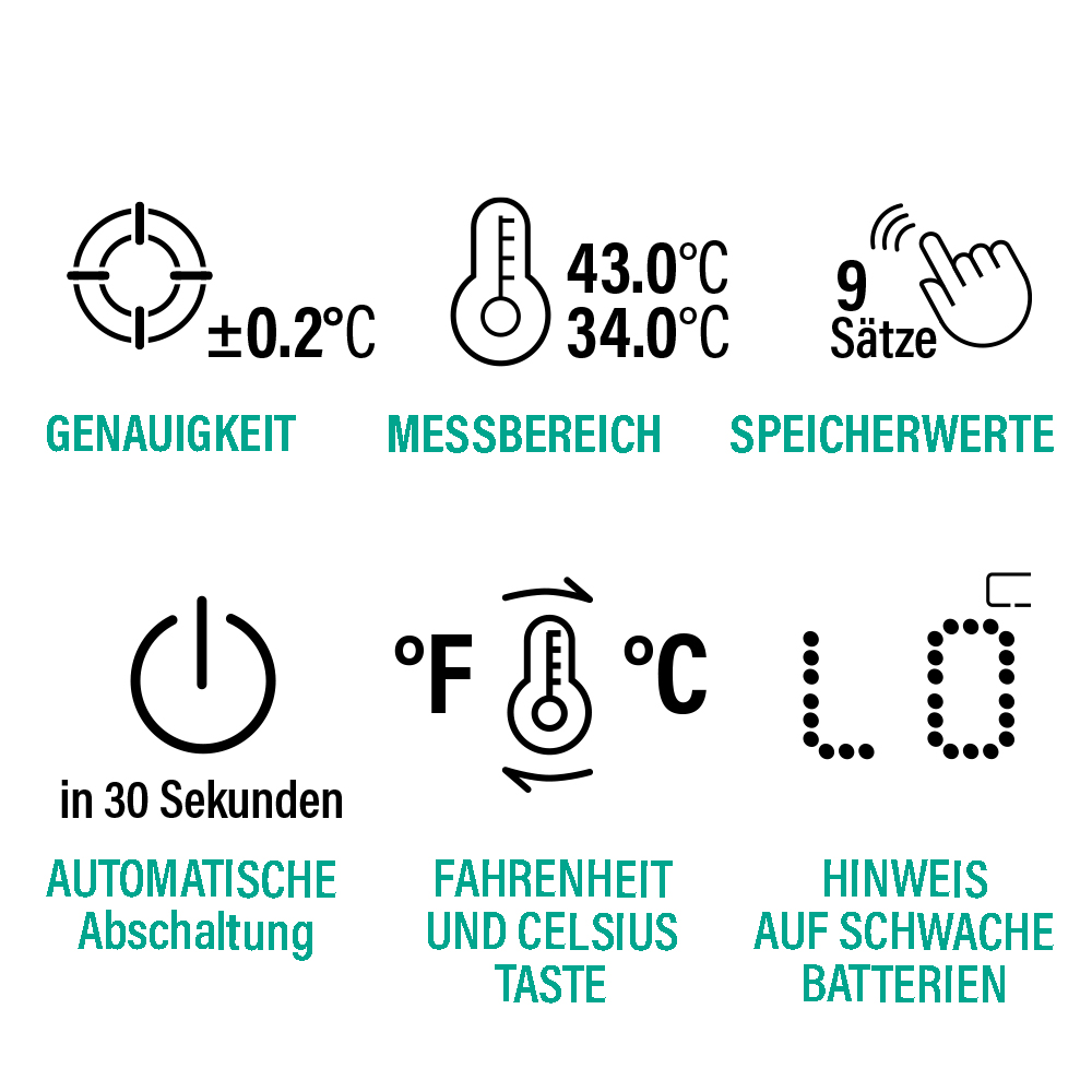 Infografik mit Symbolen für Genauigkeit, Temperaturbereich, Speicher, Auto-Off, Fahrenheit/Celsius und schwache Batterie.