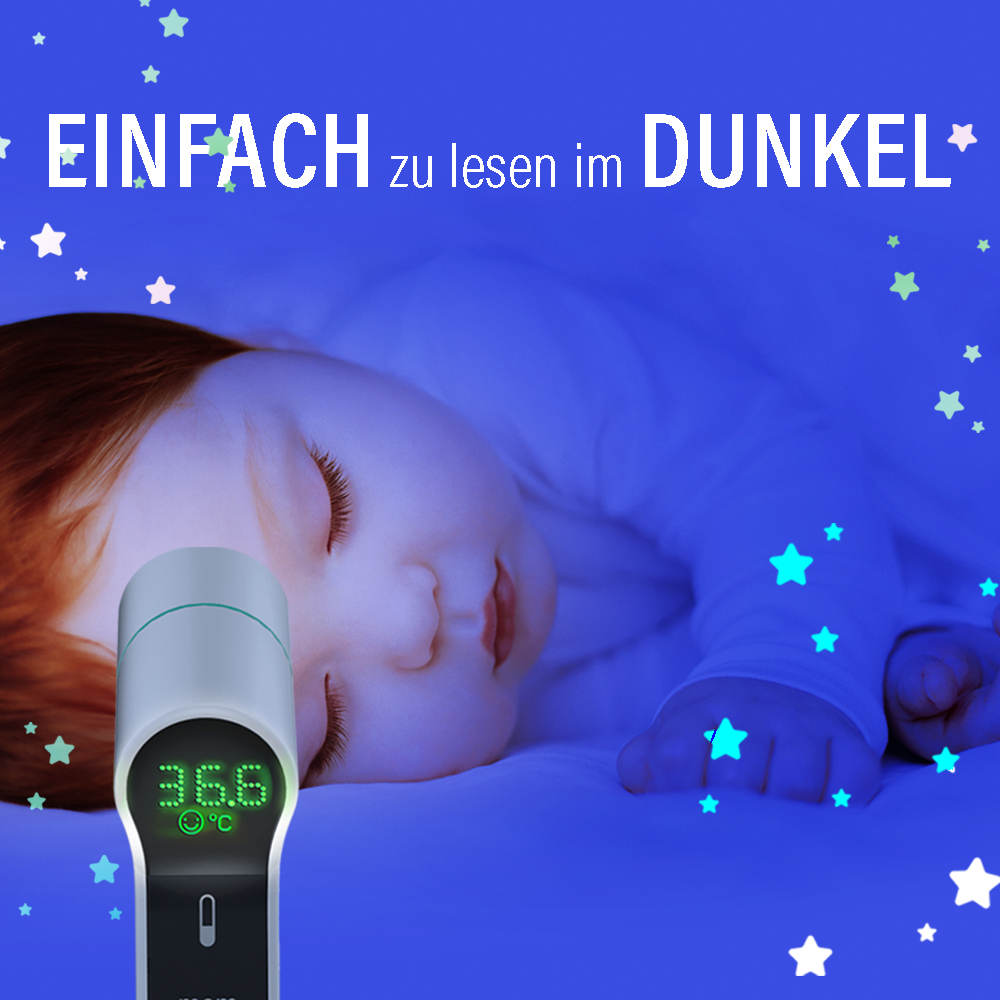 Ein schlafendes Baby mit einem Thermometer, das 36,6 °C anzeigt. Der Text lautet 'Einfach zu lesen im Dunkel'.