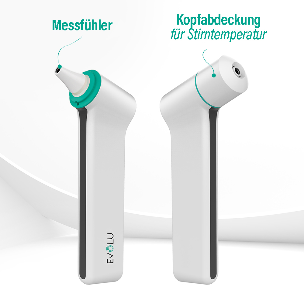 Zwei weiße und graue Thermometer mit grünen Akzenten werden gezeigt. Eines ist mit 'Messfühler' und das andere mit 'Kopfabdeckung für Stirntemperatur' beschriftet.