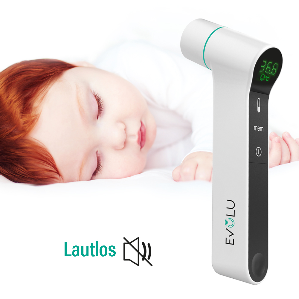 Schlafendes Baby neben einem weißen Thermometer mit 36,8°C. Text darunter: 'Lautlos' mit Stummsymbol.
