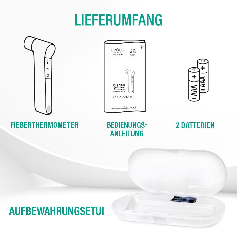 Das Bild zeigt ein Thermometer, eine Bedienungsanleitung, Batterien und eine Aufbewahrungstasche. Alles ist weiß und schwarz.