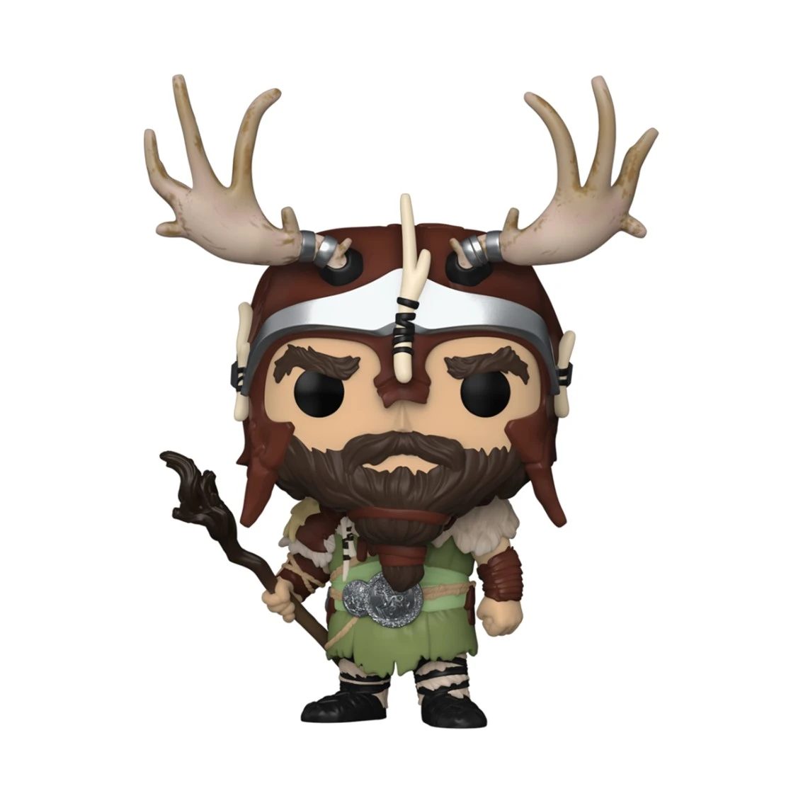 Eine Funko Pop-Figur eines Wikingers mit einem gehörnten Helm und einem Stab. Er trägt einen grünen Tunika und einen Bart.