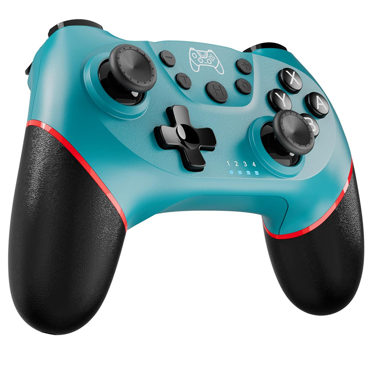 Ein türkisfarbener und schwarzer Gamecontroller mit Knöpfen, Joysticks und einem Steuerkreuz. Rote Akzente und schwarze Griffe.