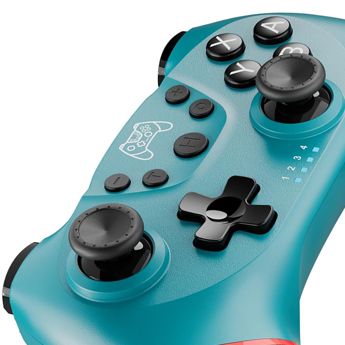 Ein türkisfarbener Gaming-Controller mit schwarzen Knöpfen und Joysticks. Verfügt über ein Steuerkreuz, Funktionstasten und nummerierte Kontrollleuchten.