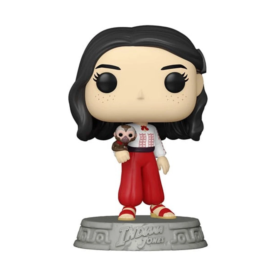 Eine Funko Pop-Figur einer Frau mit schwarzen Haaren, roter Hose, weißem Hemd und einem Affen. Sie steht auf einem Sockel mit der Aufschrift Indiana Jones.