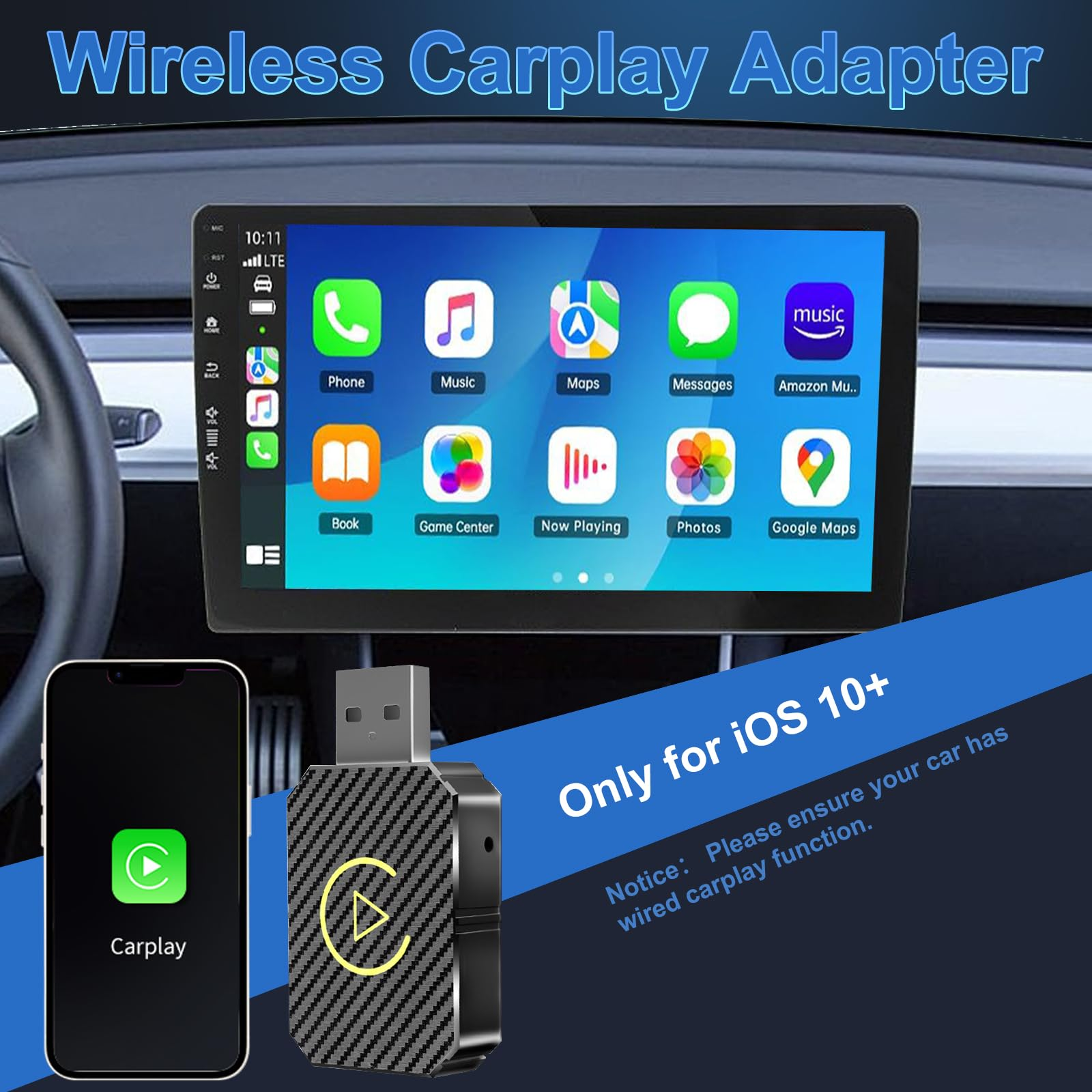 Interior de coche con un adaptador Carplay conectado a un teléfono y a la pantalla del coche con iconos de aplicaciones.