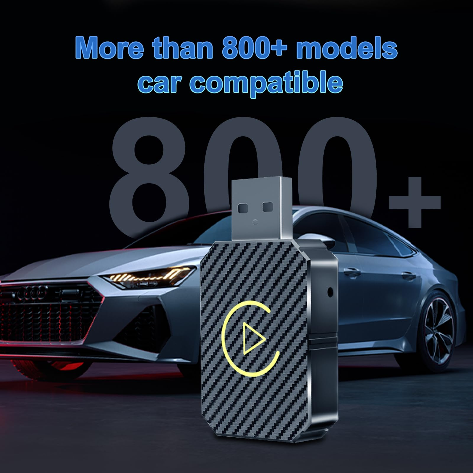 Dispositivo USB con botón de reproducción, coche de fondo, texto: 'Más de 800+ modelos compatibles'.