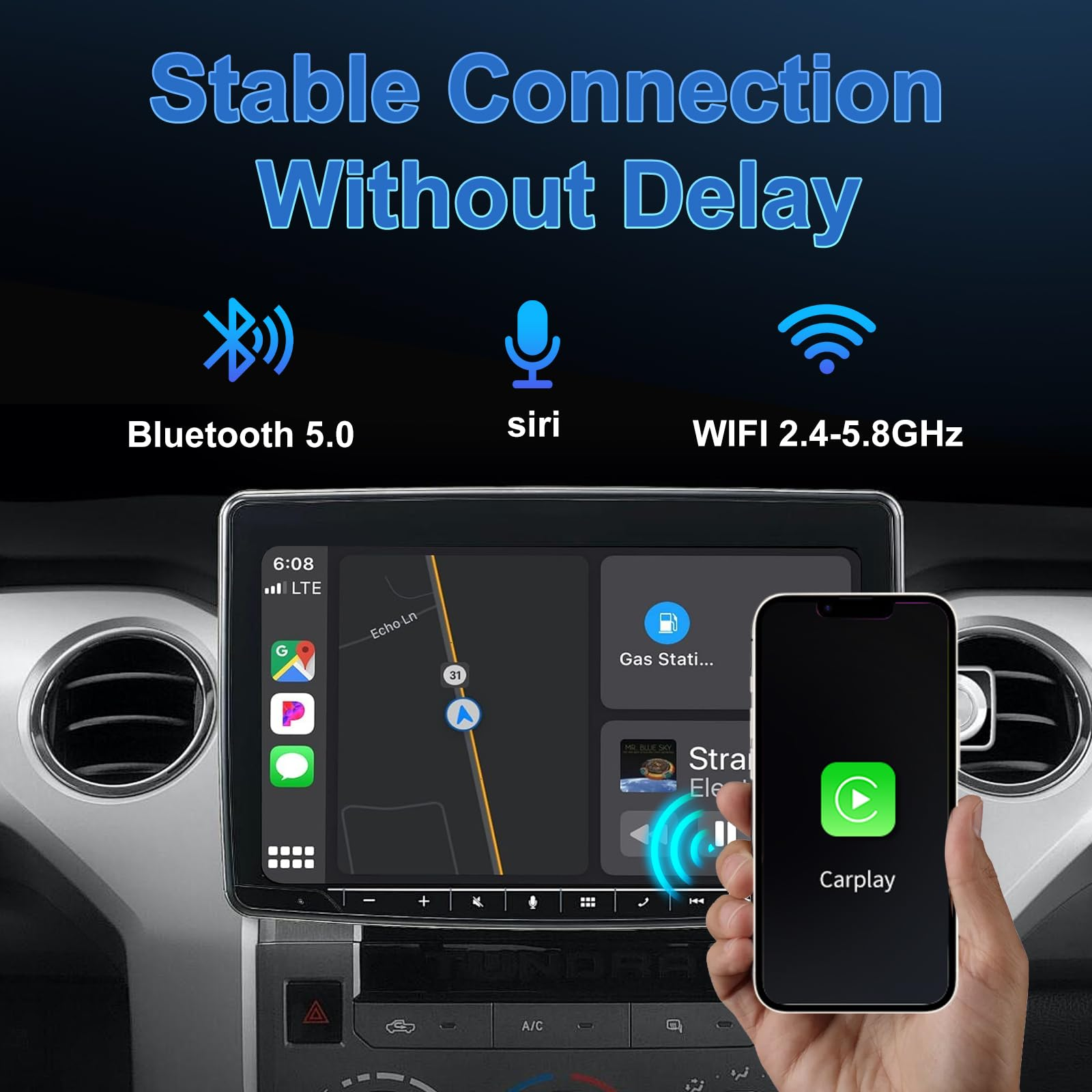 Sistema de audio para automóvil que muestra una pantalla de navegación, un teléfono con CarPlay e iconos de Bluetooth, Siri y WiFi.