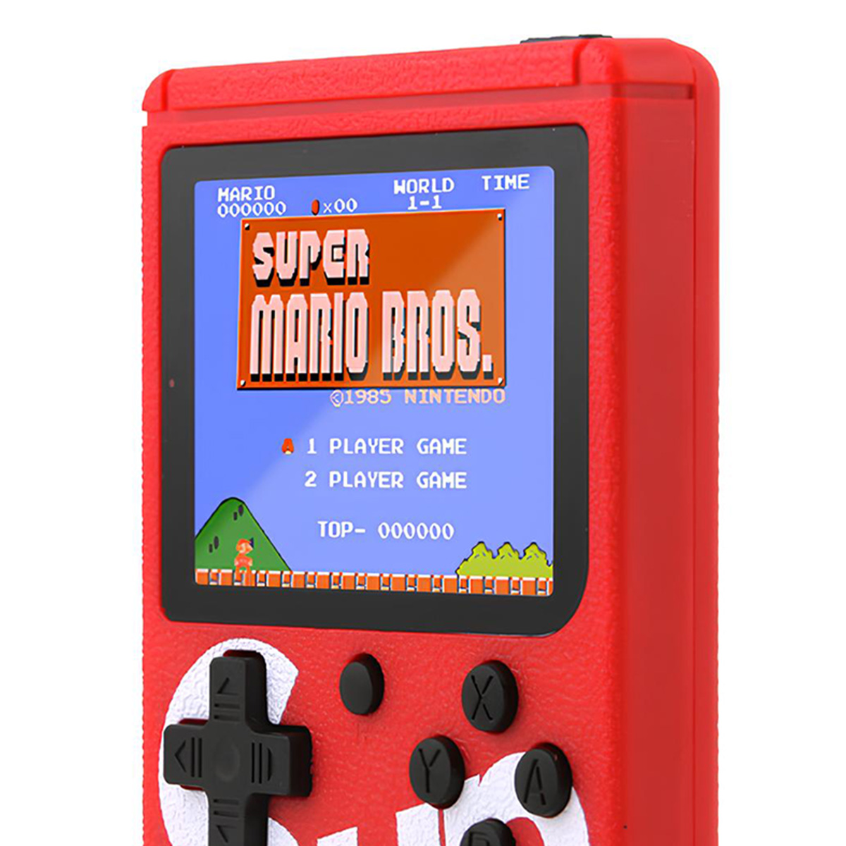 Una console di gioco portatile rossa mostra Super Mario Bros. Lo schermo mostra il titolo del gioco, il livello e le opzioni del giocatore. I pulsanti sono visibili.