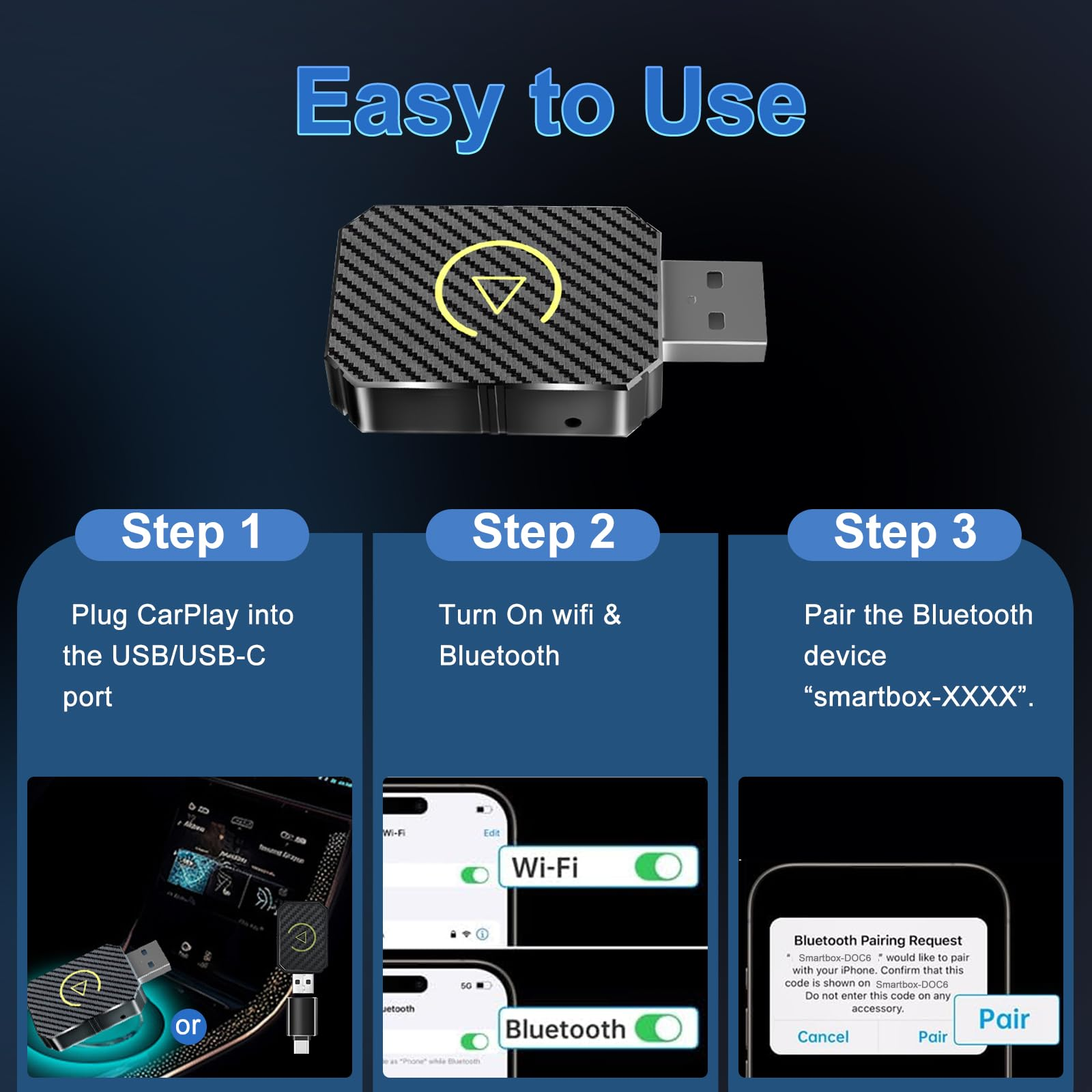 Imagen muestra la configuración del dispositivo CarPlay. Pasos incluyen enchufar, encender wifi/Bluetooth y emparejar con el teléfono.