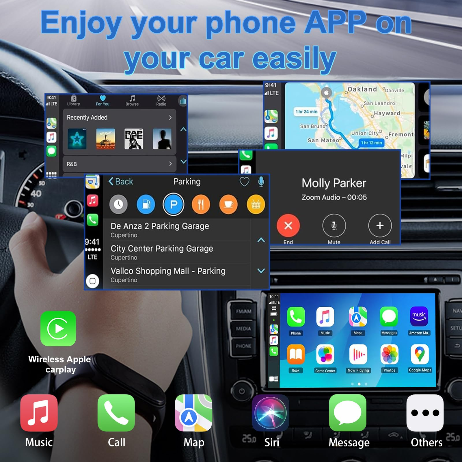 Panel del coche mostrando apps de teléfono: música, mapas, llamadas y carplay. Muestra mapas, aparcamiento e interfaz de llamadas.