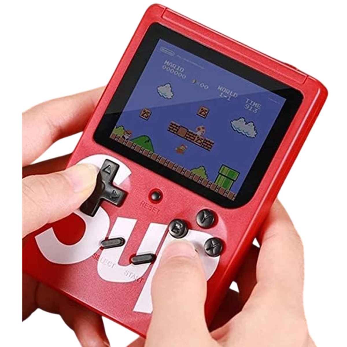 Una persona tiene in mano una console di gioco portatile rossa che gioca a un gioco di Mario. Lo schermo mostra un livello con nuvole e blocchi.
