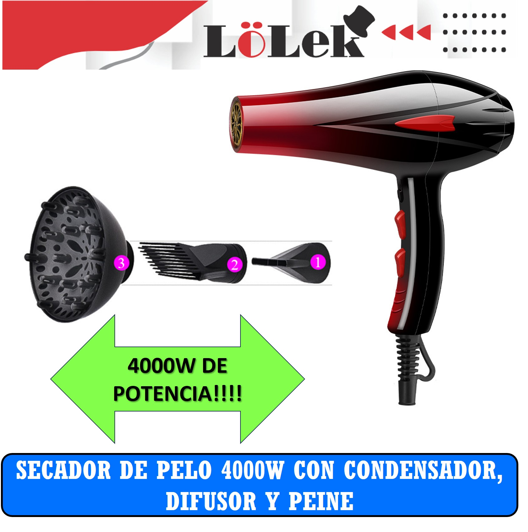 Secador de pelo negro y rojo con accesorios y texto que indica 4000W de potencia. Incluye un difusor y peine.