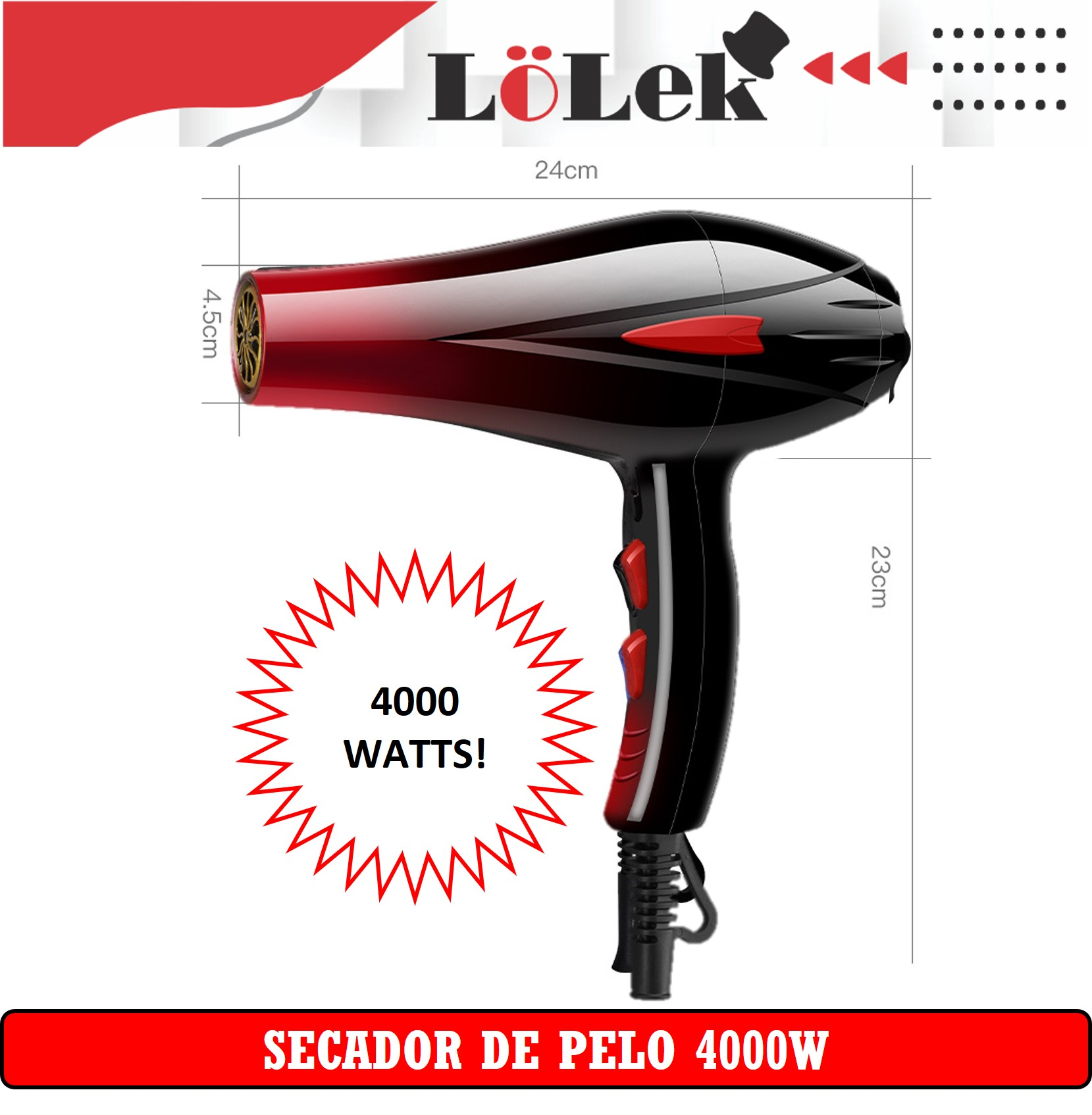 Secador de pelo negro y rojo. 4000 Watts. Texto: Secador de Pelo 4000W. Logotipo: Lö Lek.