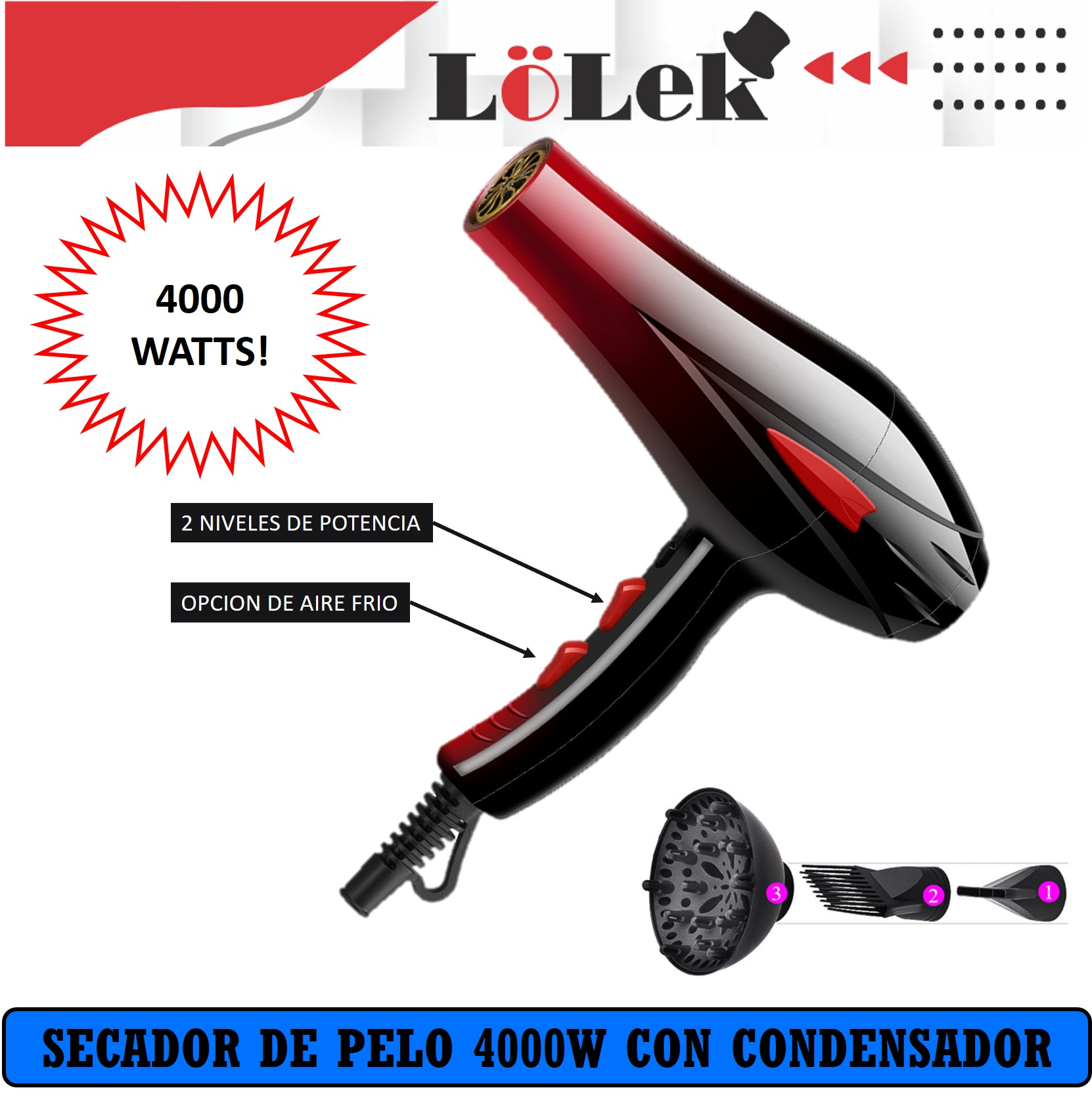 Un secador de pelo negro y rojo. Tiene el logo de la marca y varios accesorios. El texto dice 4000 vatios.