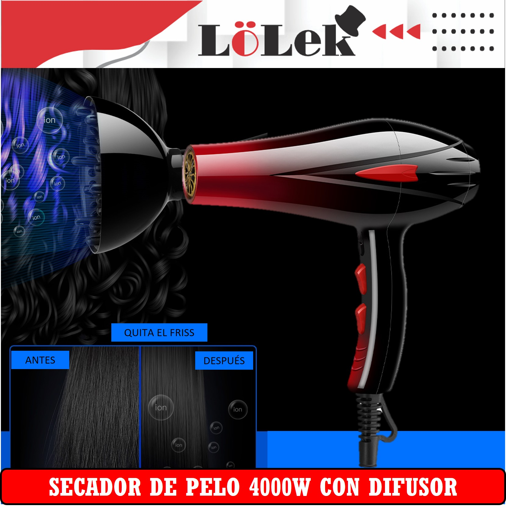 Un secador de pelo negro y rojo. Tiene burbujas de 'ion' y una comparación de antes/después que muestra cabello encrespado a liso.