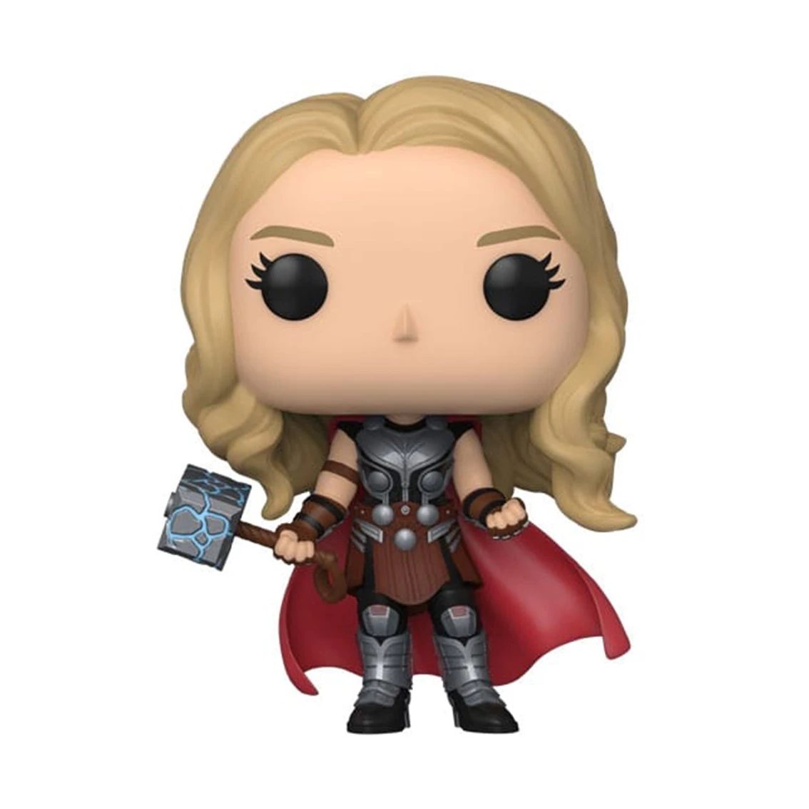Eine Funko Pop-Figur von Thor mit blonden Haaren, die einen Hammer hält. Sie trägt eine Rüstung und einen roten Umhang. Der Hintergrund ist weiß.