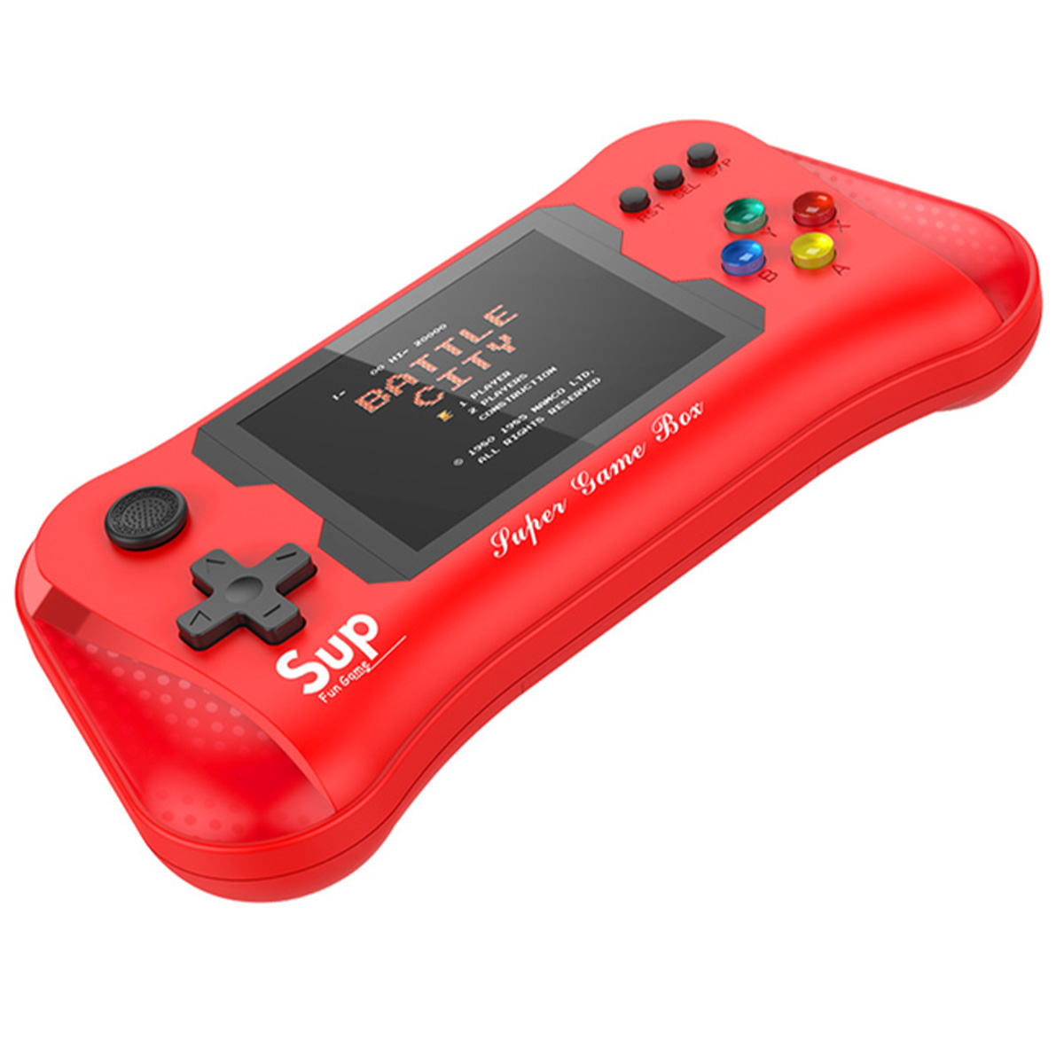 Console di gioco portatile rossa con schermo che mostra 'Battle City'. Ha pulsanti e un D-pad. Il marchio è 'Sup'.