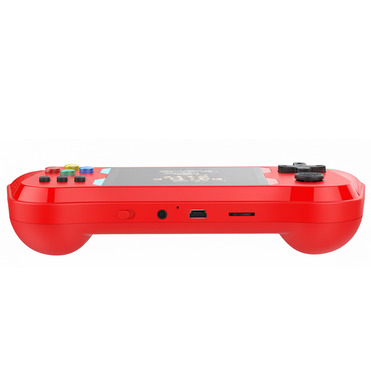 Una console di gioco portatile rossa, vista laterale. Ha pulsanti, uno schermo e porte. Lo sfondo è bianco.