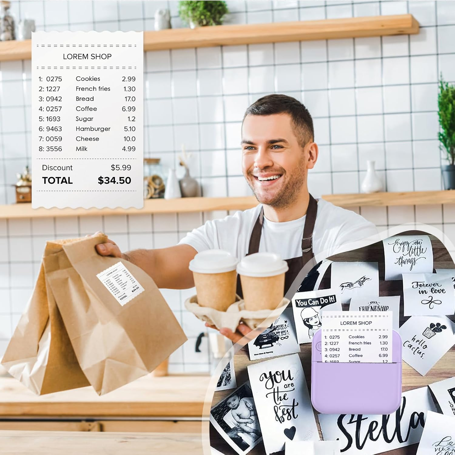 Ein lächelnder Mann hält Essensbeutel und Kaffeetassen. Quittungen und inspirierende Notizen liegen auf dem Tisch.