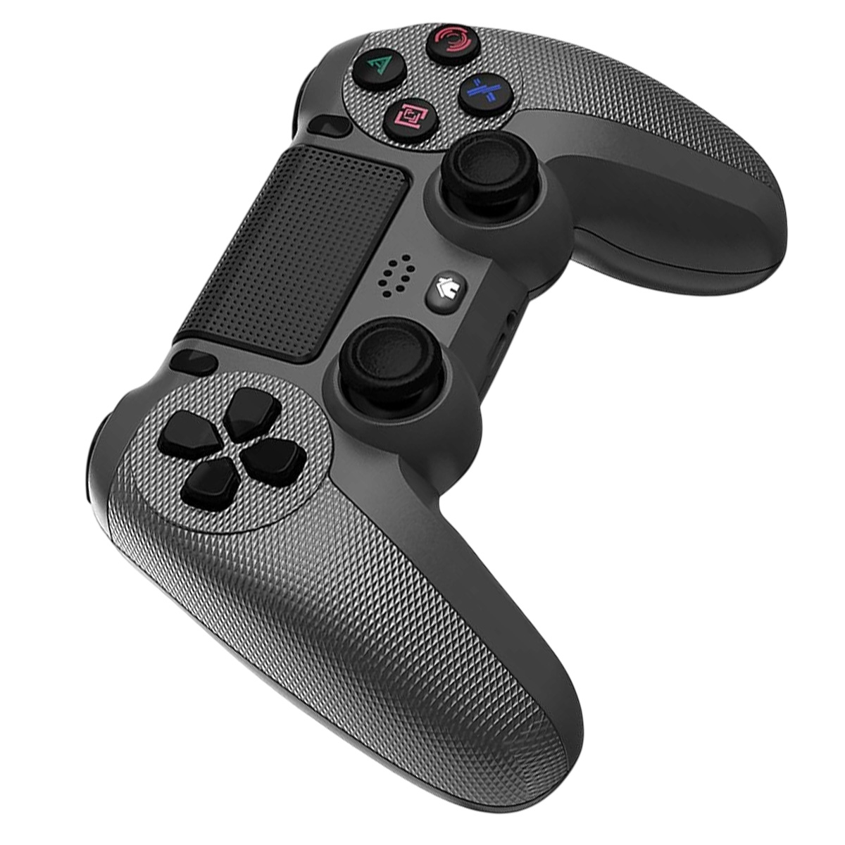 Ein grauer Gamecontroller auf weißem Hintergrund. Es hat Knöpfe und Joysticks. Die Oberfläche des Controllers hat ein strukturiertes Muster.
