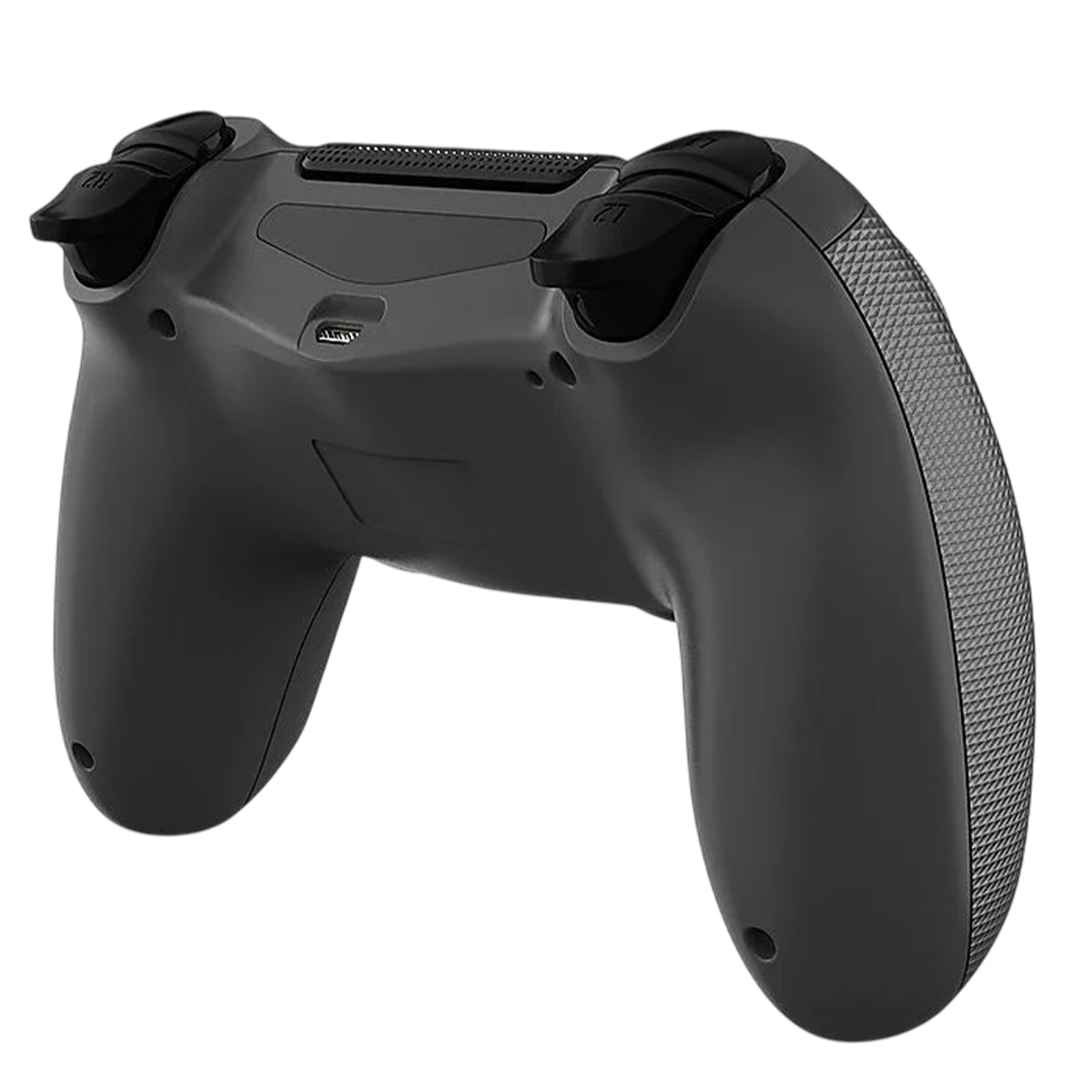 Ein dunkelgrauer Gamecontroller wird gezeigt. Es hat Knöpfe, Auslöser und Griffe, typisch für ein modernes Konsolen-Gamepad.