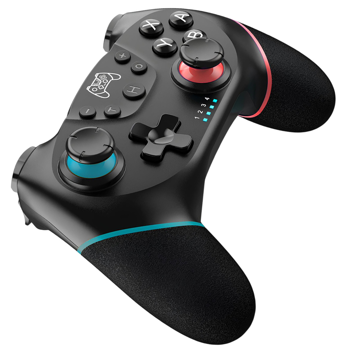 Controller di gioco nero con pulsanti, joystick e impugnature. Accenti blu e rossi. Sfondo bianco.