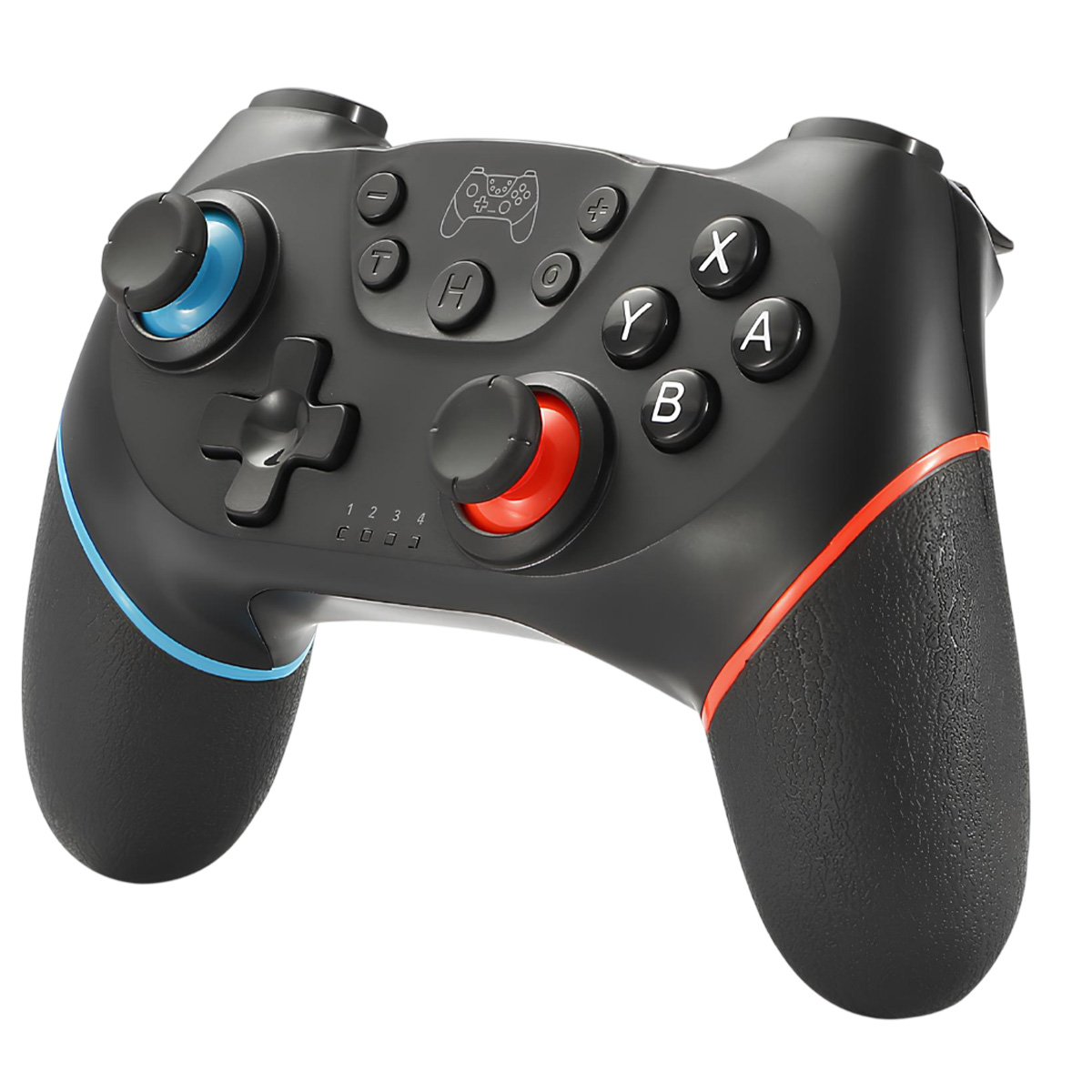 Controller di gioco nero con dettagli blu e rossi. Pulsanti, D-pad e joystick. Isolato su sfondo bianco.