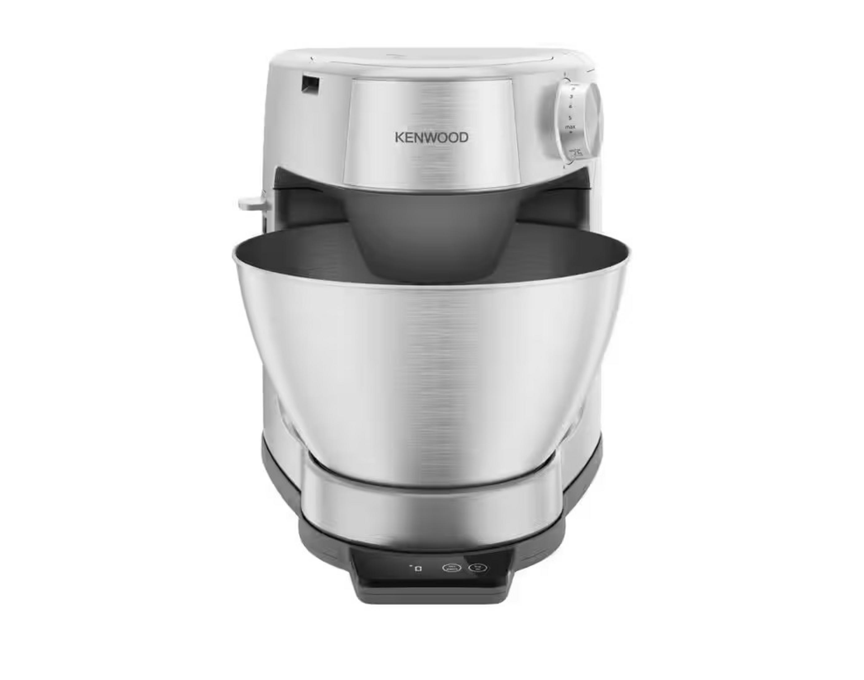 Un robot da cucina Kenwood argentato. Ha una ciotola, un quadrante di controllo e un display digitale.