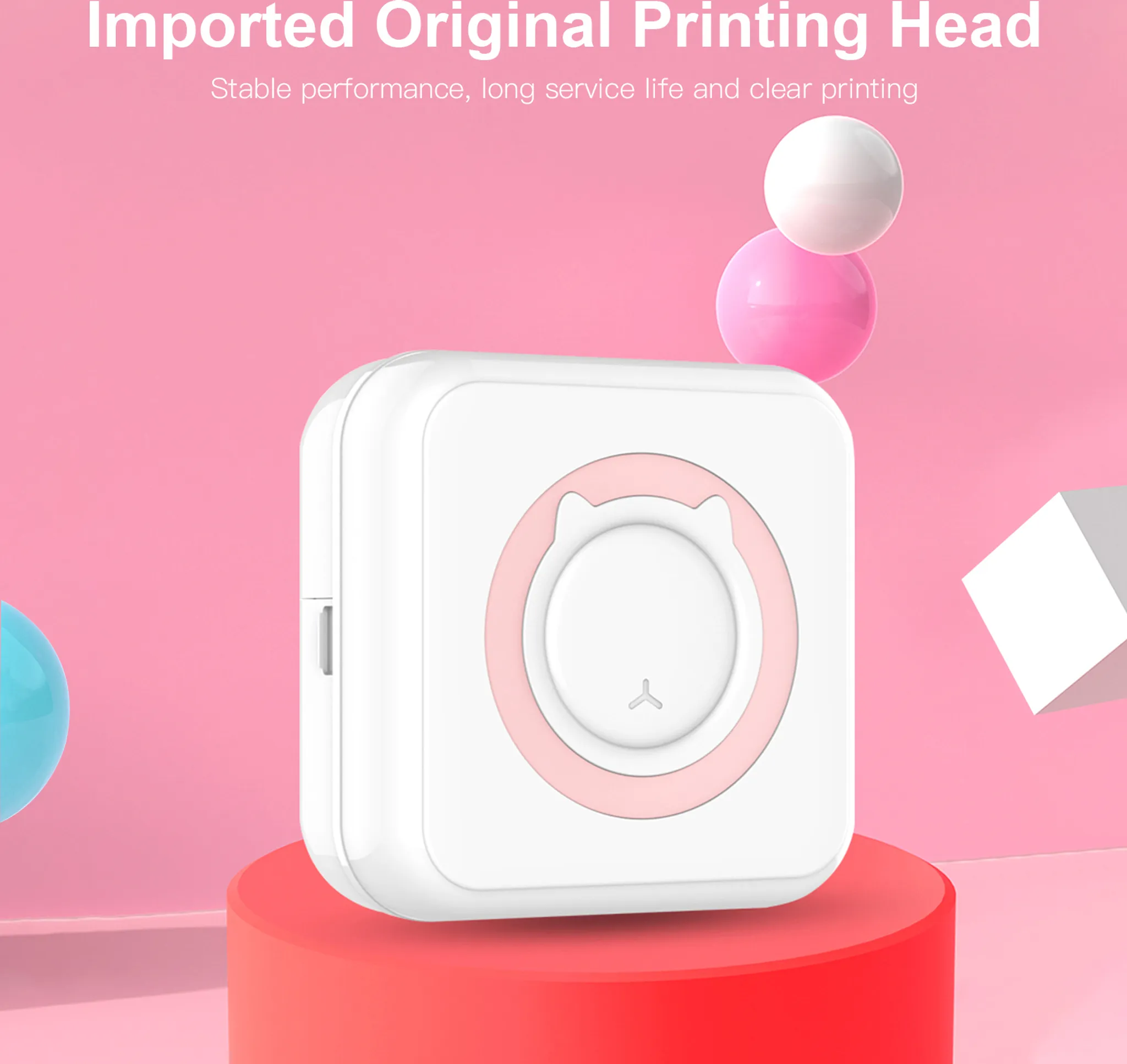 Ein weißer Drucker mit rosa Akzenten auf einem roten Ständer. Rosa Hintergrund mit weißen und rosa Kugeln.