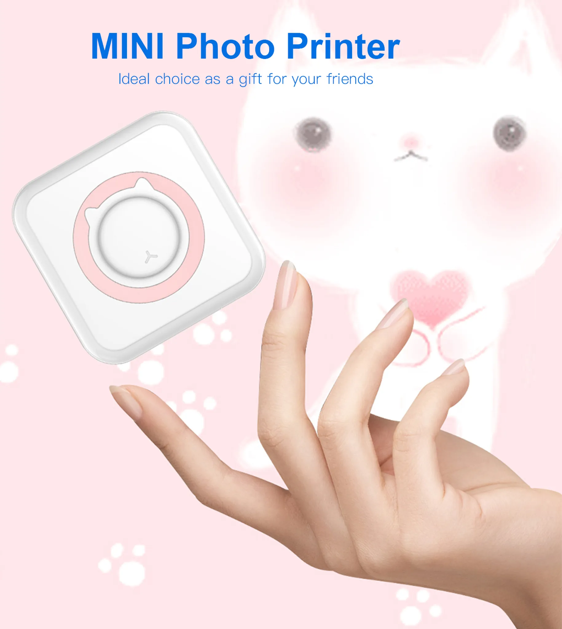 Eine Hand hält einen Mini-Fotodrucker. Im Hintergrund ist eine Zeichentrickkatze. Rosa und Weiß dominieren die Szene.