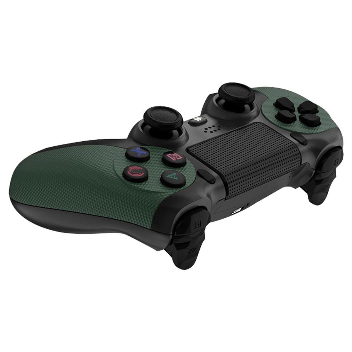 Ein schwarz-grüner Game-Controller. Er hat Knöpfe, Analog-Sticks und Auslöser. Der grüne Bereich hat ein strukturiertes Muster.