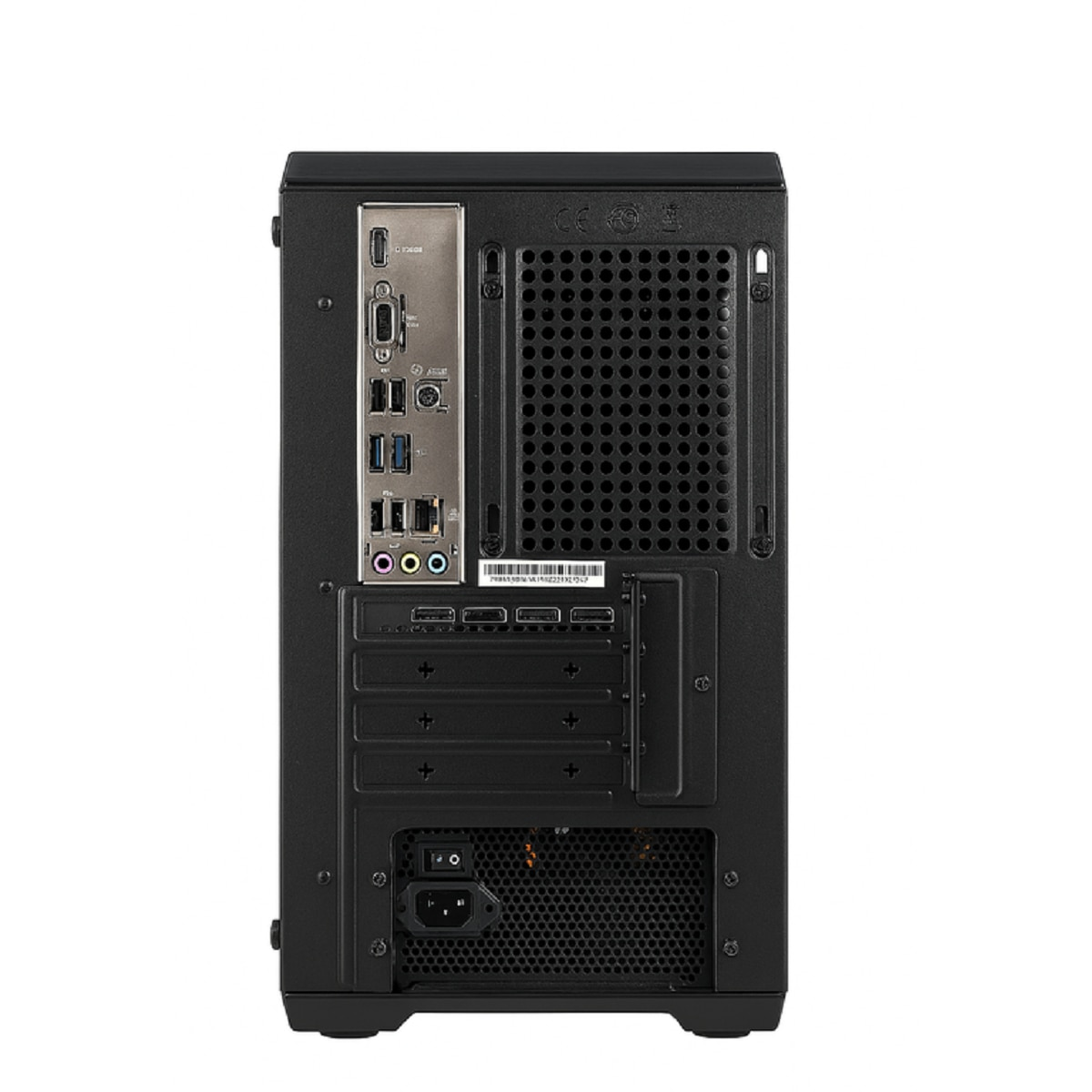 Vista posteriore di un case nero per computer. Ha varie porte, un alimentatore e una griglia di ventilazione.