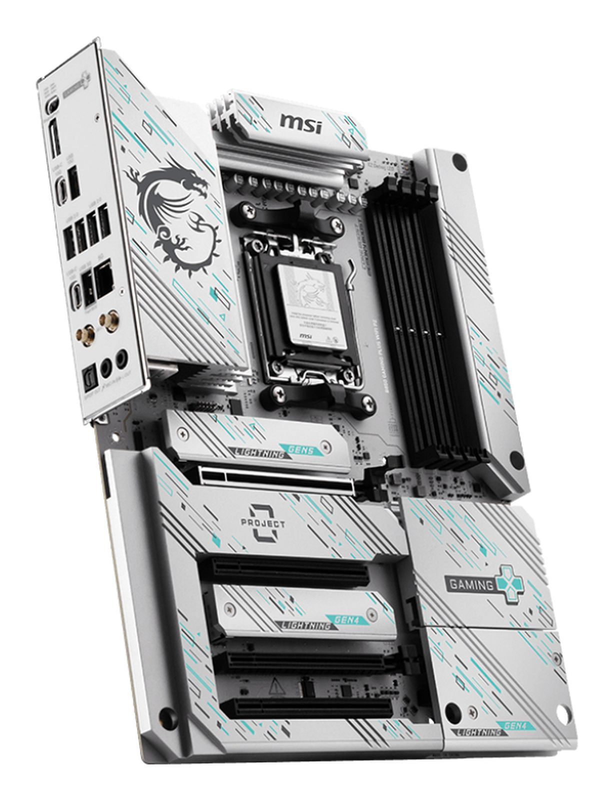 Biała płyta główna MSI z niebieskimi akcentami i logo smoka. Posiada różne porty, gniazda i logo MSI. Płyta jest pod kątem.