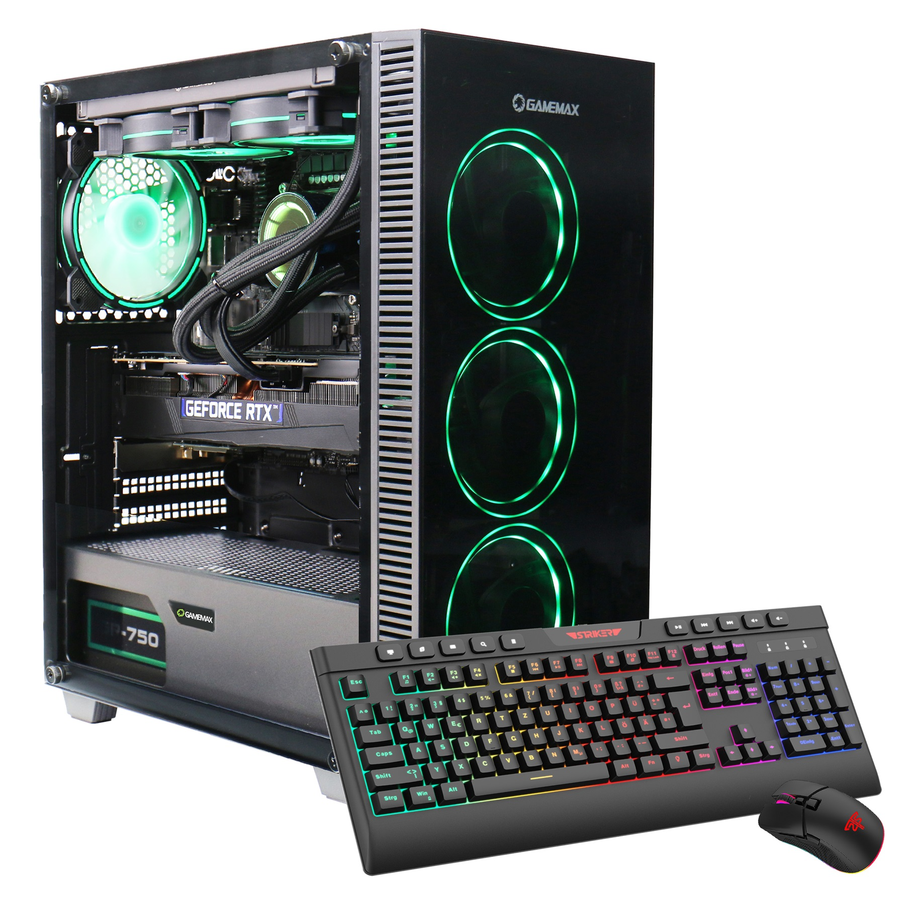 Ein Computergehäuse mit grünen Lichtern und eine Tastatur mit Maus stehen auf weißem Untergrund.