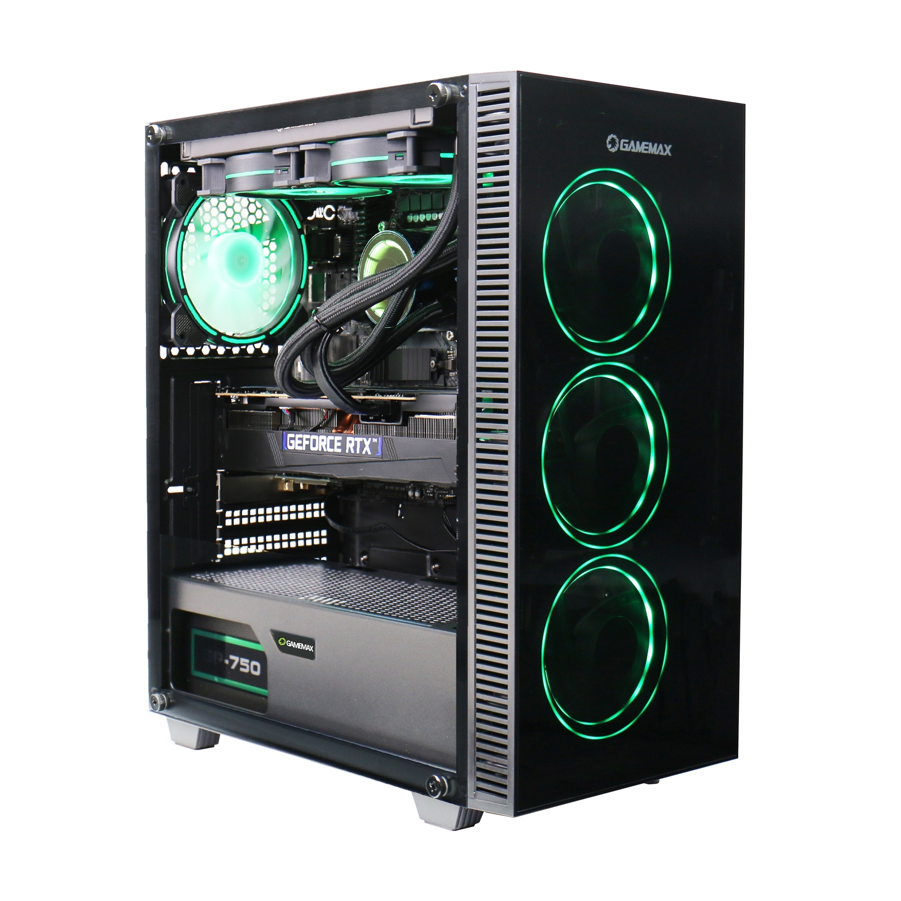Ein Computergehäuse mit grünen Lichtern. Es hat eine Glas-Seitenwand. Im Inneren befinden sich verschiedene Computerkomponenten.