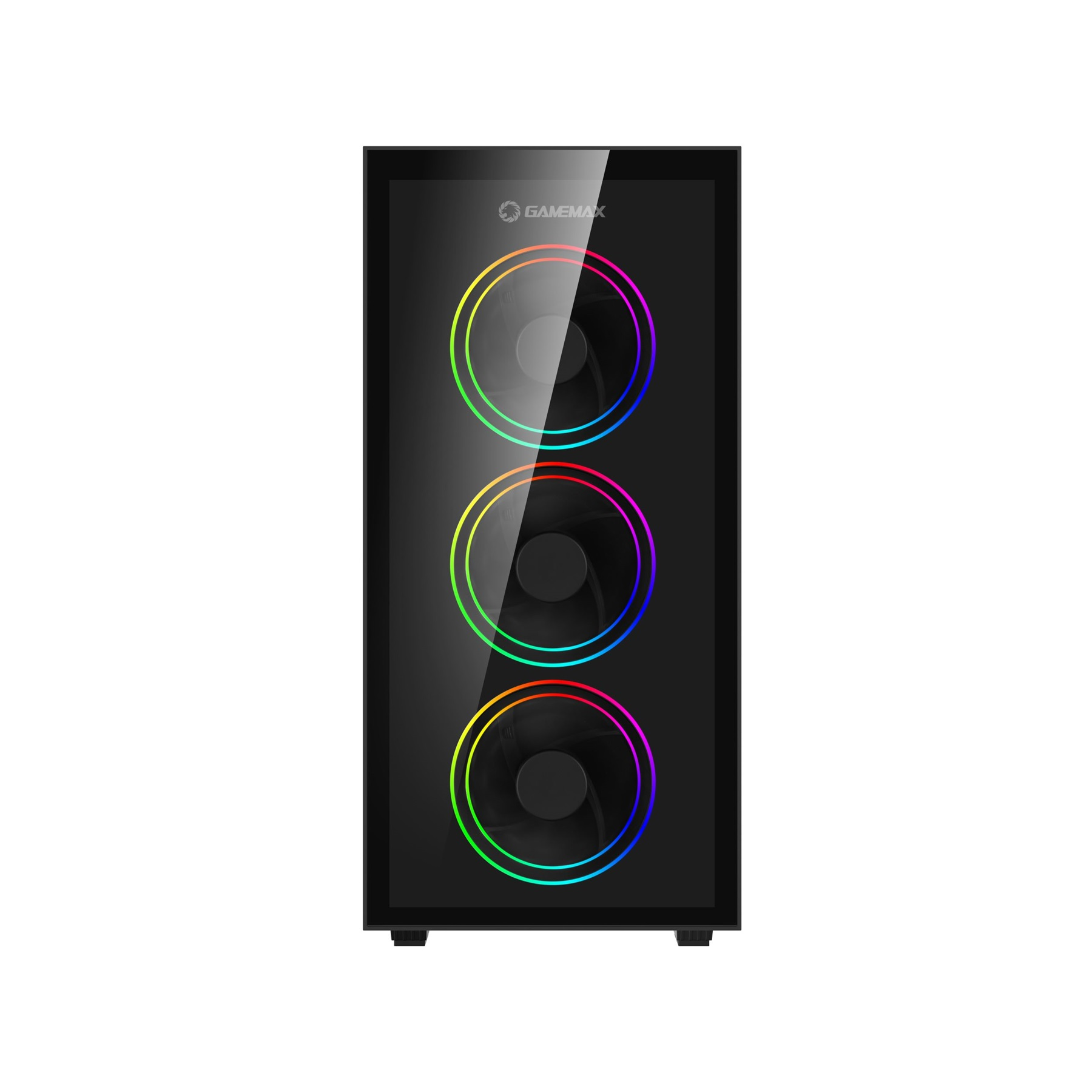 Schwarzes Computergehäuse mit drei beleuchteten Lüftern. Die Lüfter haben einen Regenbogenverlauf. GAMEMAX-Logo oben.