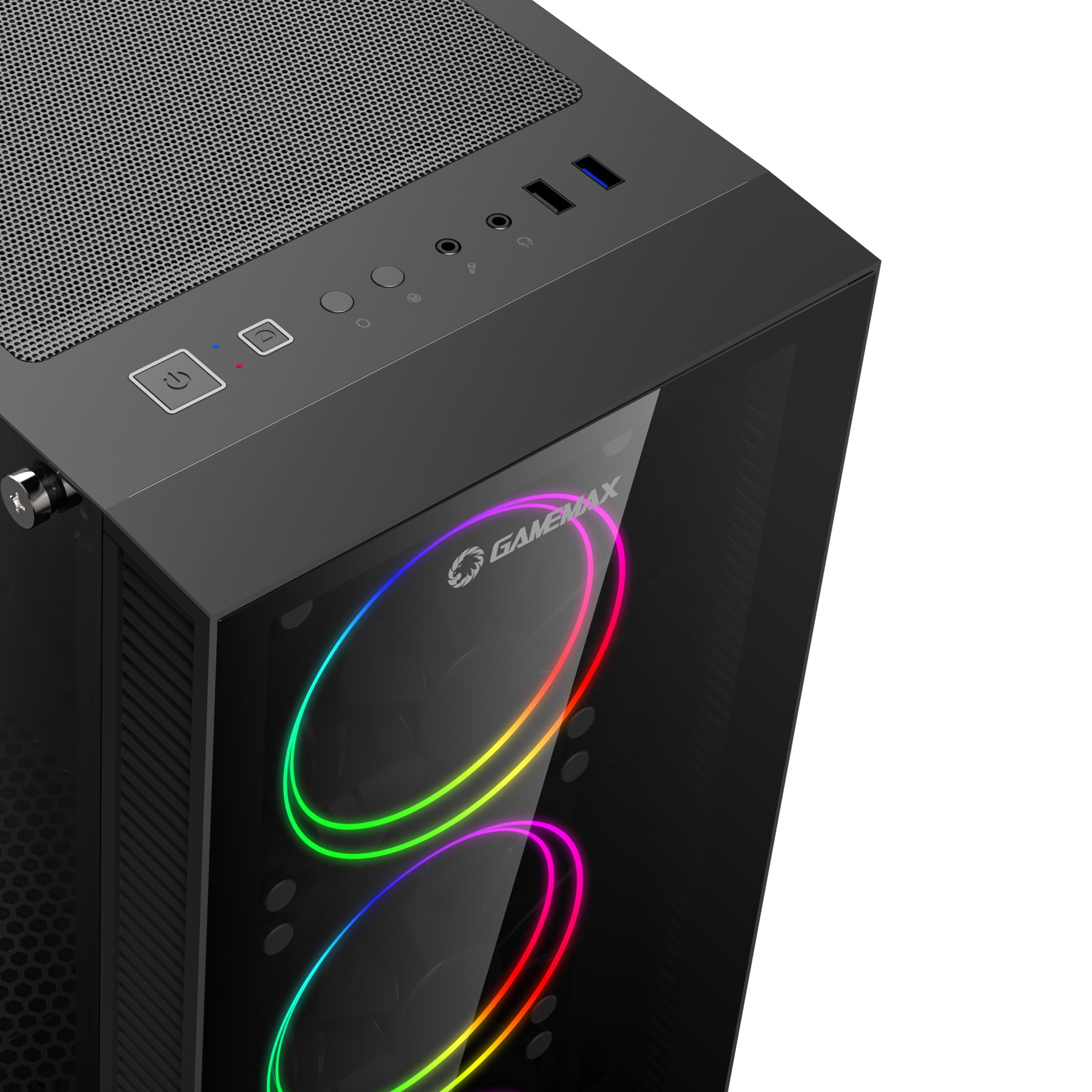 Schwarzes Computergehäuse mit Glasseitenwand. Es hat RGB-Lichter. Die Oberseite hat Knöpfe und Anschlüsse.
