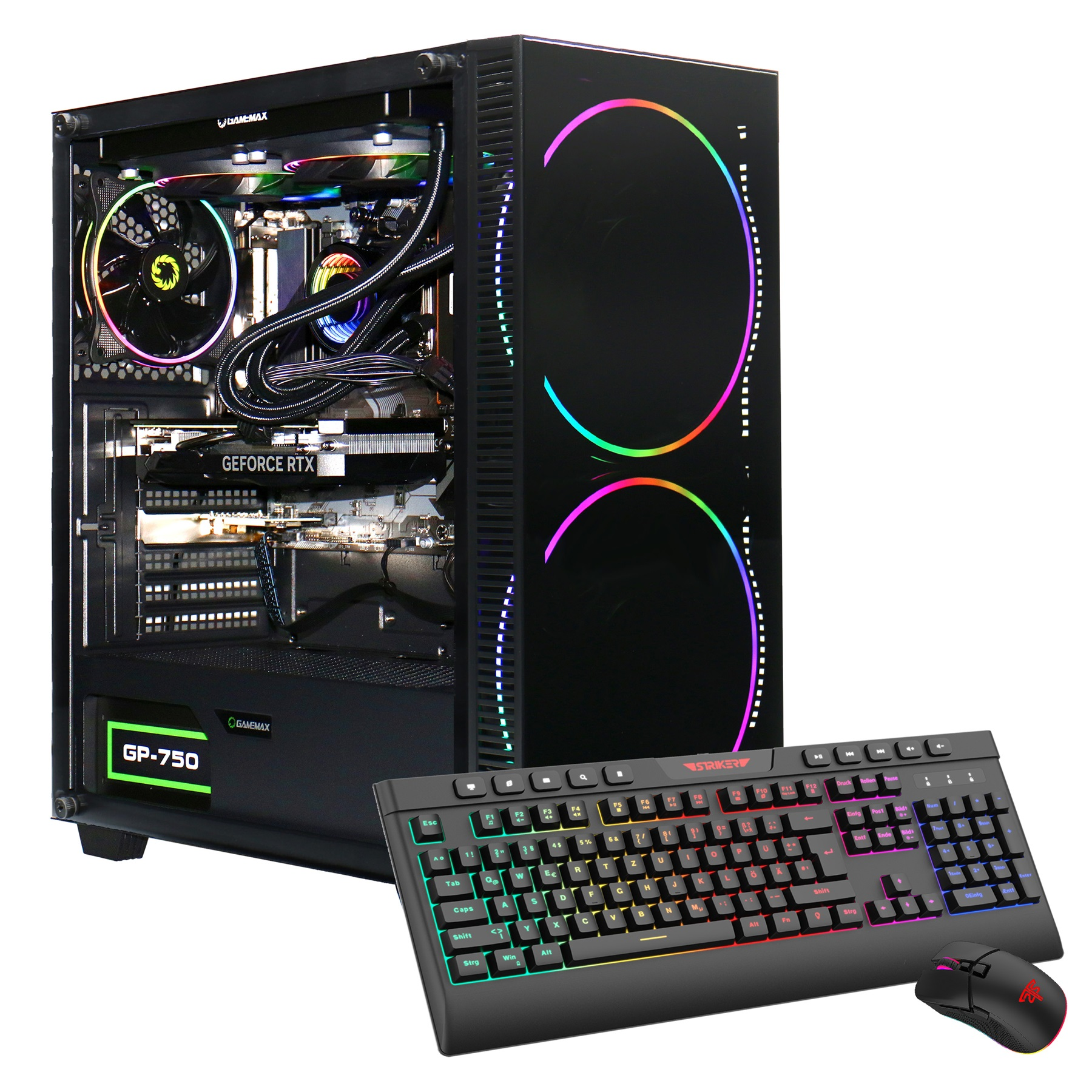 Ein Computerturm mit regenbogenfarbenem Lüfter, Tastatur und Maus auf weißem Hintergrund. Die Glasplatte zeigt interne Komponenten.