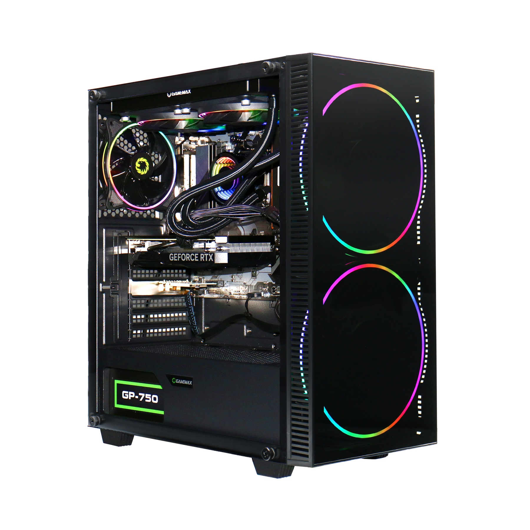 Ein schwarzes Computergehäuse mit RGB-Beleuchtung. Im Inneren befinden sich Computerkomponenten, darunter eine GPU und ein Netzteil.