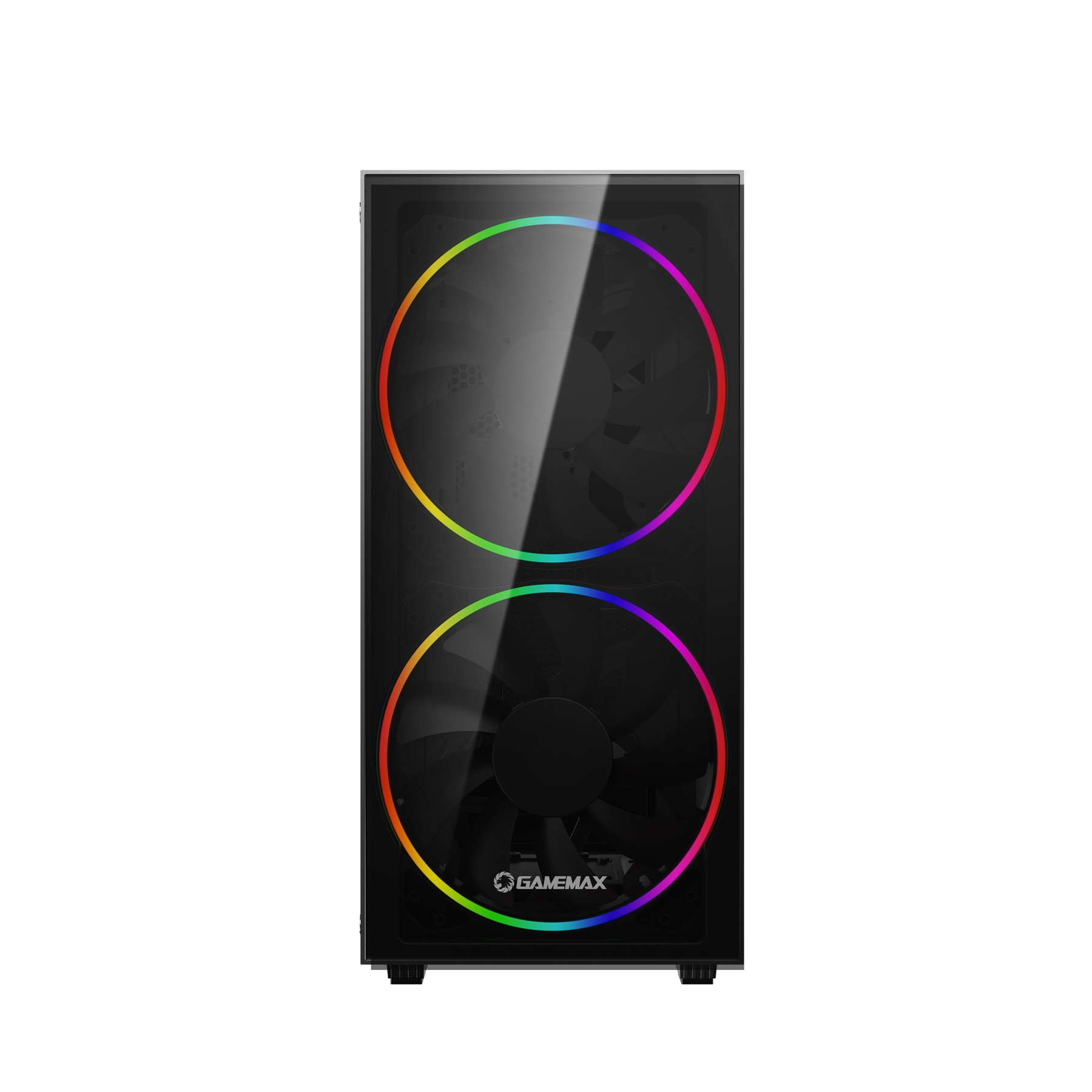 Schwarzes Computergehäuse mit zwei leuchtenden Regenbogenlüftern. Das Gehäuse hat eine Glasfront.