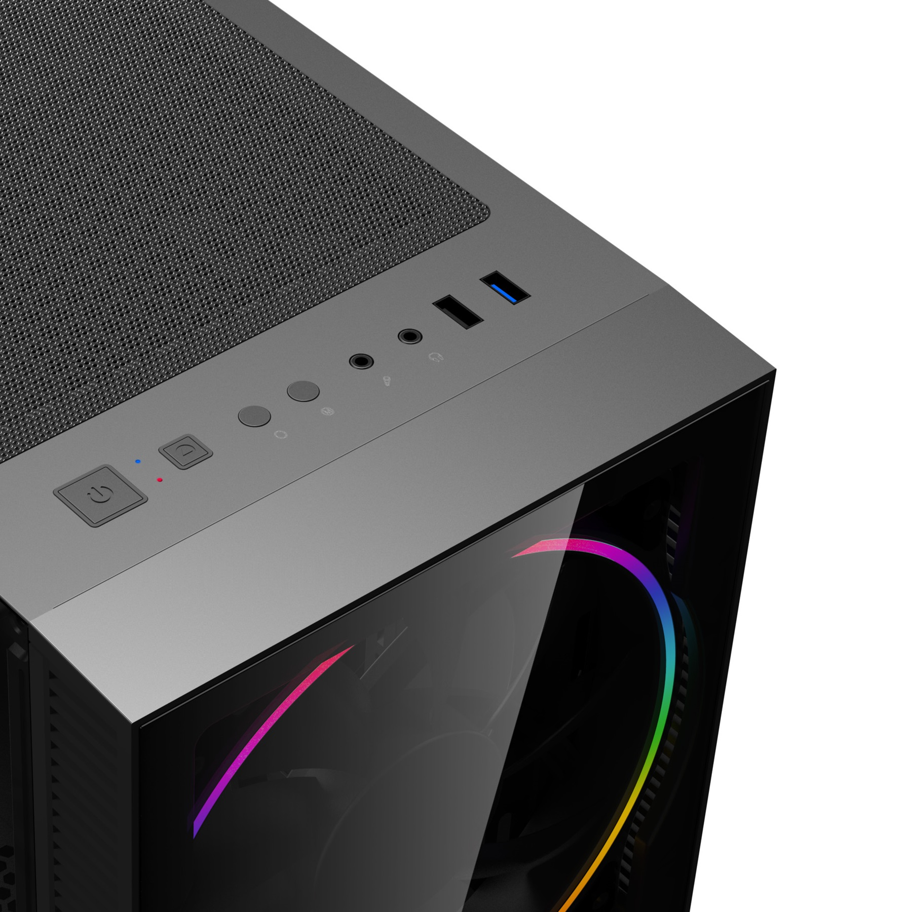 Ein Computergehäuse wird aus einem Winkel gezeigt. Es hat eine graue Oberseite, Mesh und Knöpfe. Eine Glasscheibe zeigt Regenbogenbeleuchtung.