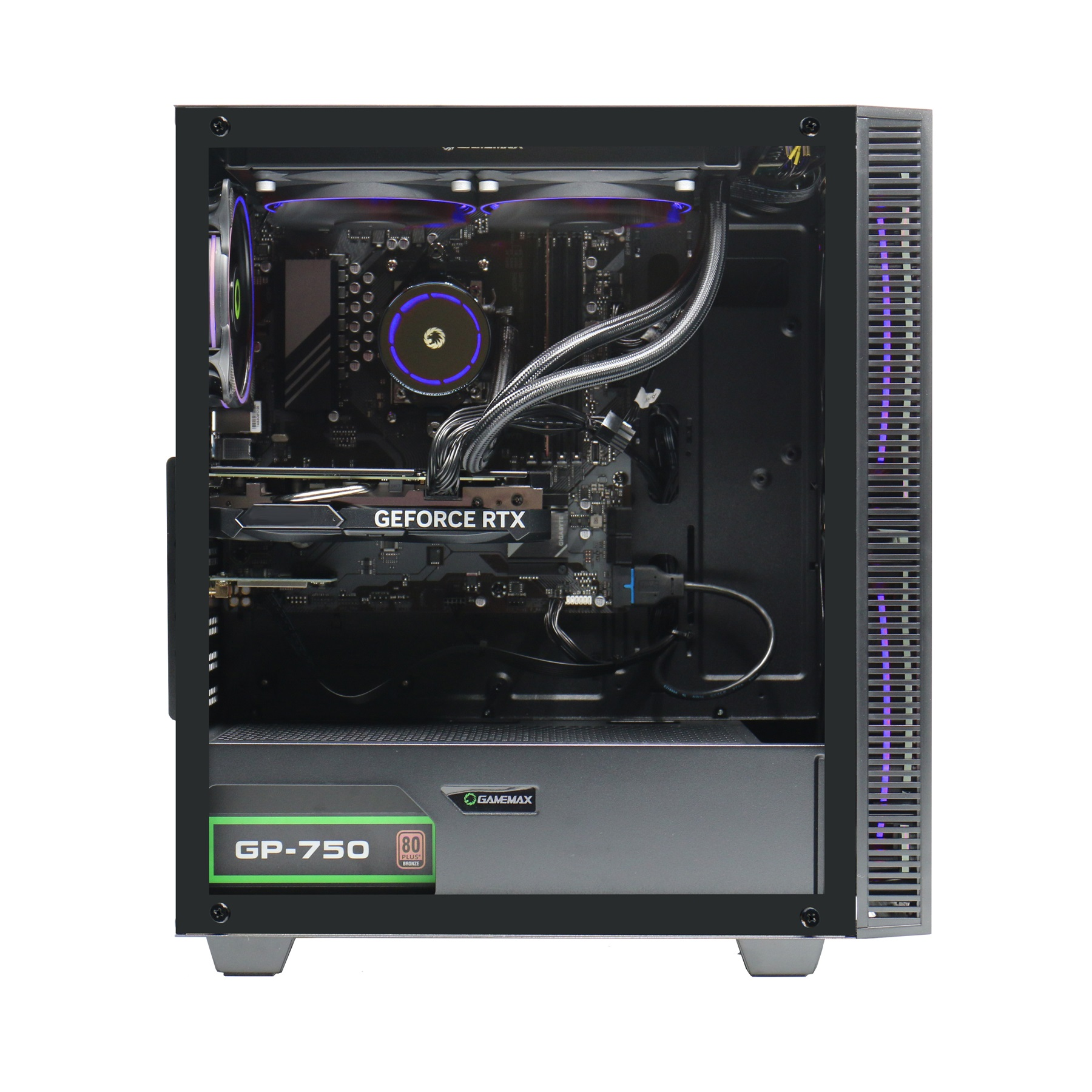 Ein offenes Computergehäuse, das interne Komponenten wie eine GeForce RTX-Grafikkarte und ein Netzteil zeigt.
