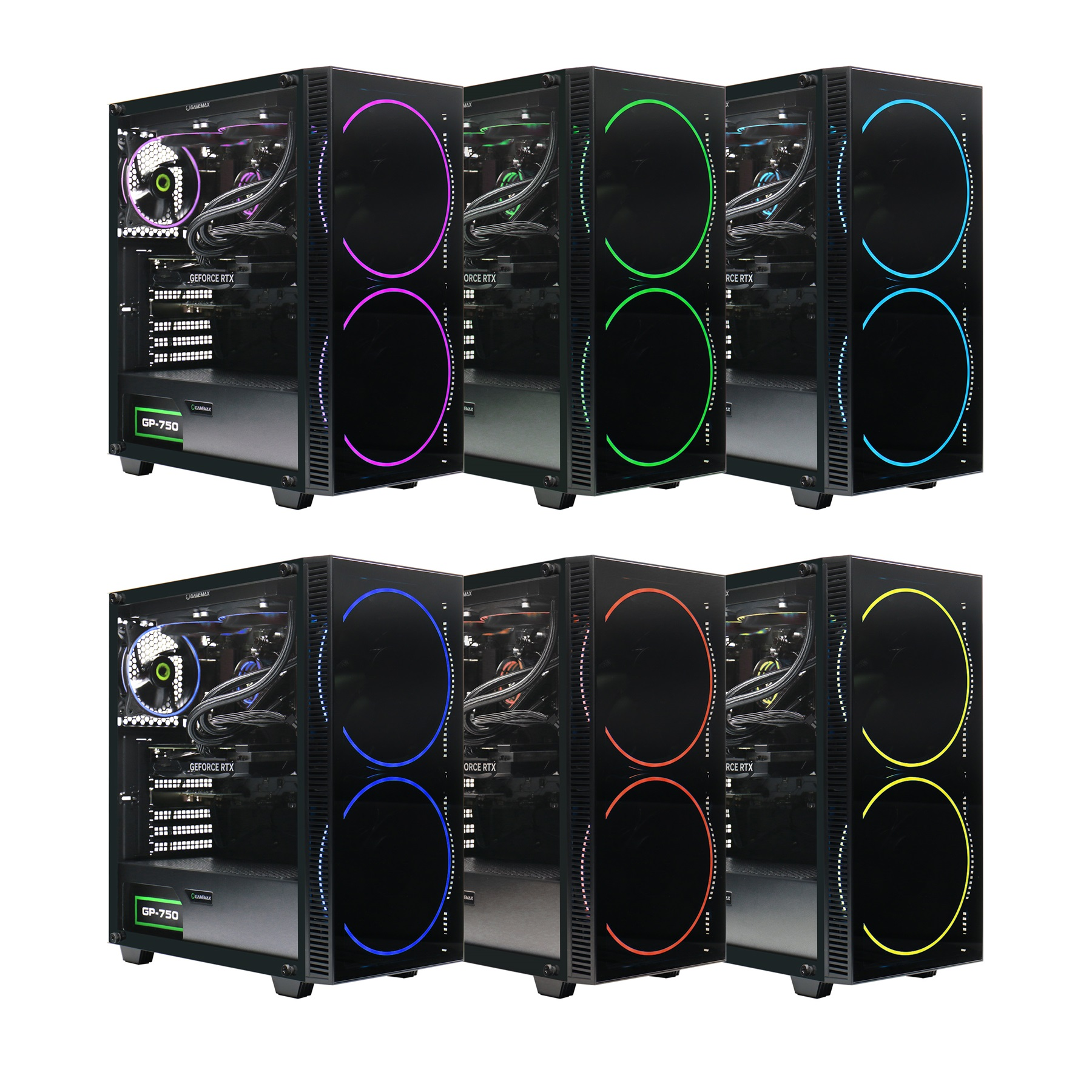 Das Bild zeigt mehrere Gaming-PCs mit unterschiedlich farbigen LED-Leuchten. Jeder PC hat ein schwarzes Gehäuse und eine Glasfront.