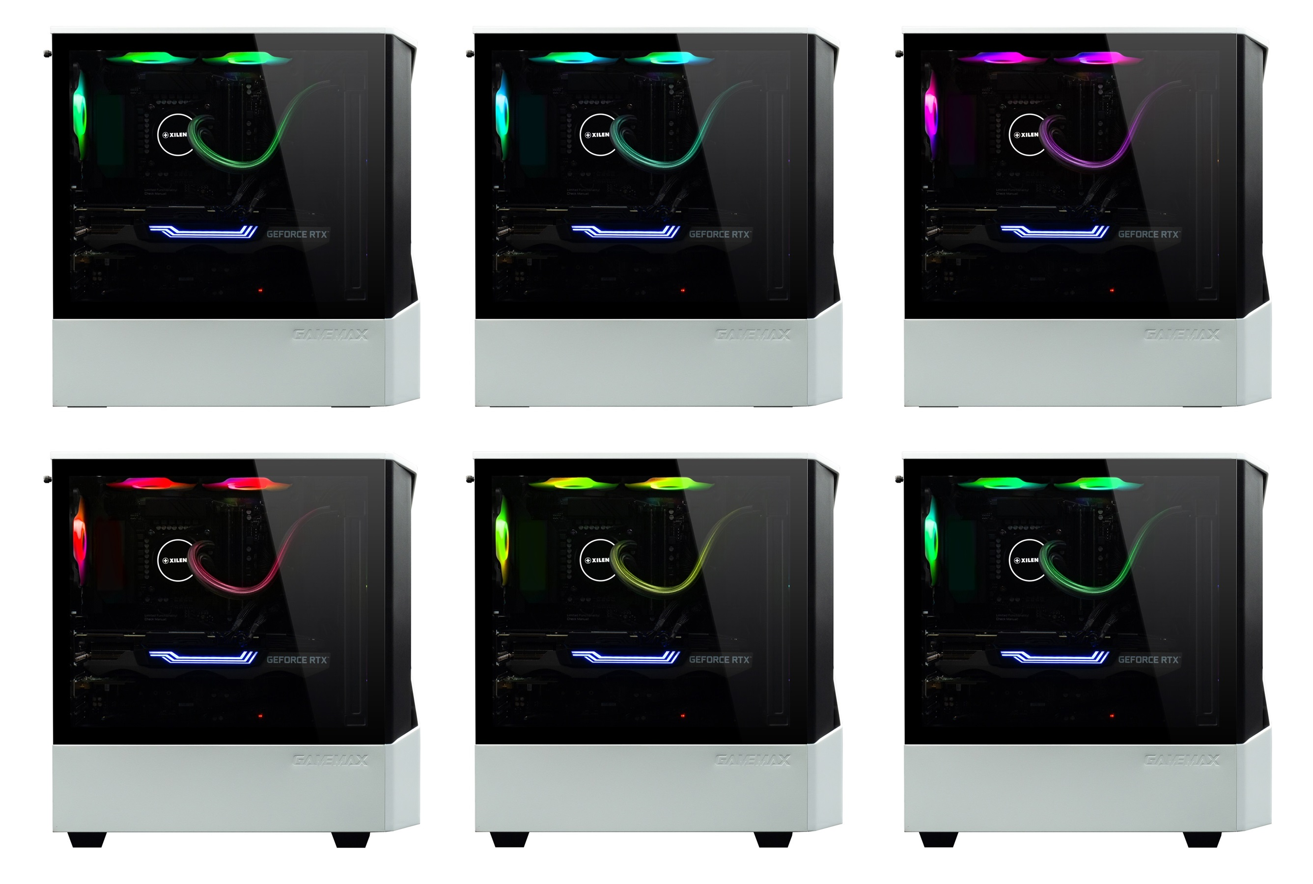 Ein Computergehäuse mit farbigen Lichtern. Es hat eine weiße Basis und eine schwarze Seite.