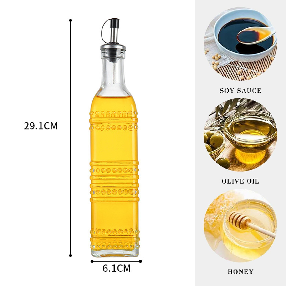 Eine klare Ölflasche mit gelber Flüssigkeit, neben Sojasauce, Olivenöl und Honigproben. Abmessungen: 29,1 cm hoch, 6,1 cm breit.