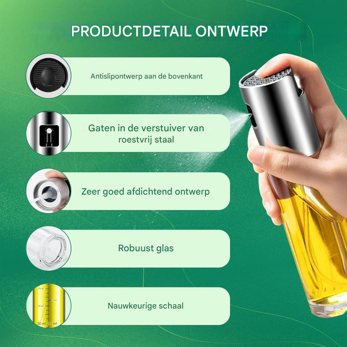 Eine Hand hält eine silberne Sprühflasche über einer Flasche mit gelber Flüssigkeit. Text beschreibt Merkmale wie rutschfestes Design und robustes Glas.