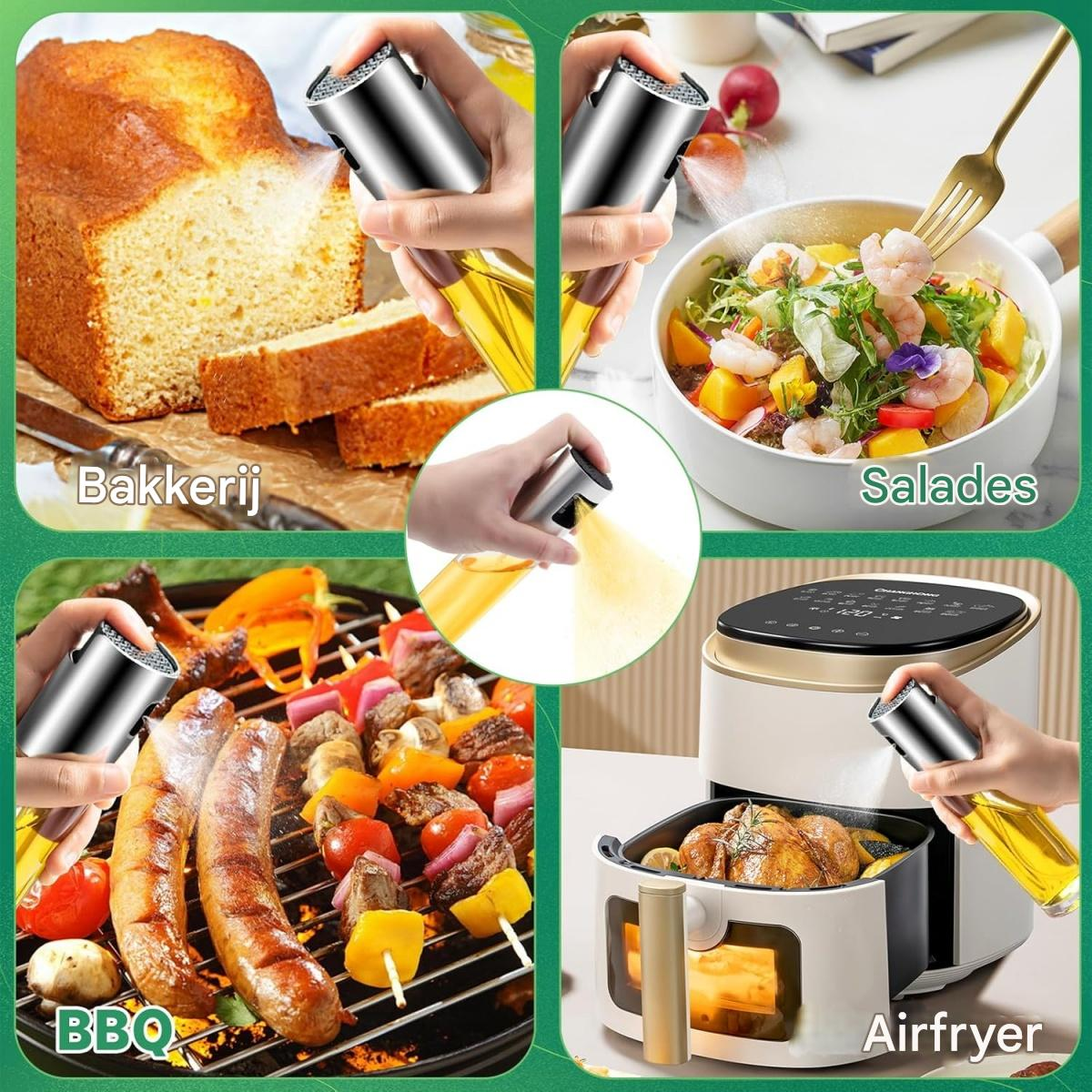 Das Bild zeigt Lebensmittel wie Brot, Salat, Grillgut und Airfryer-Gerichte mit Ölsprays. Beschriftungen: 'Bakkerij', 'Salades', 'BBQ', 'Airfryer'.