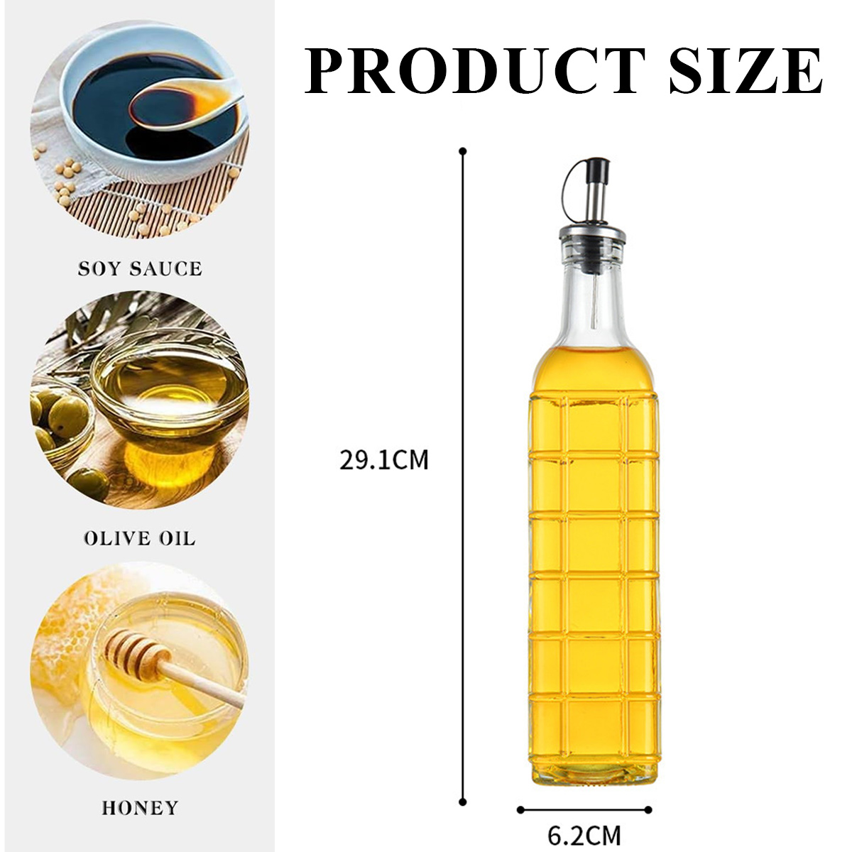 Das Bild zeigt Sojasauce, Olivenöl und Honig. Eine hohe Ölflasche steht neben einer Größenangabe. Der Text lautet 'Produktgröße'.