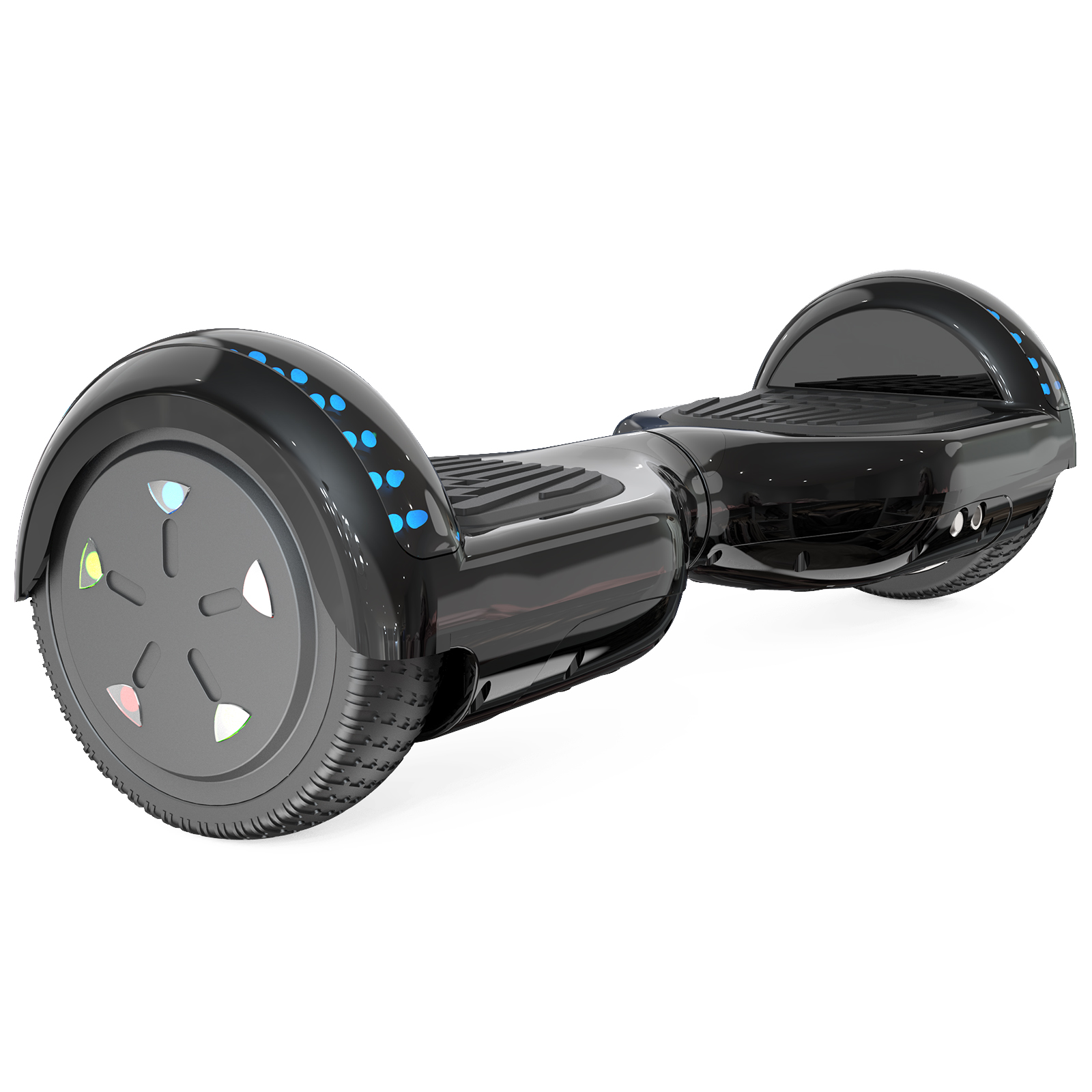 Ein schwarzes Hoverboard mit blauen Lichtern auf weißem Hintergrund. Es hat zwei Räder und eine Plattform zum Stehen.